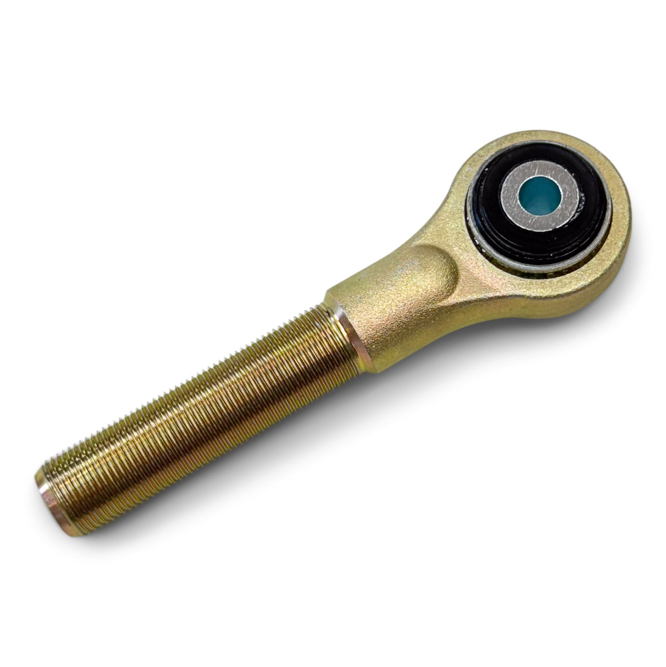 Heavy-duty rod end heim joint for off-road vehicle suspension, gold finish, isolated