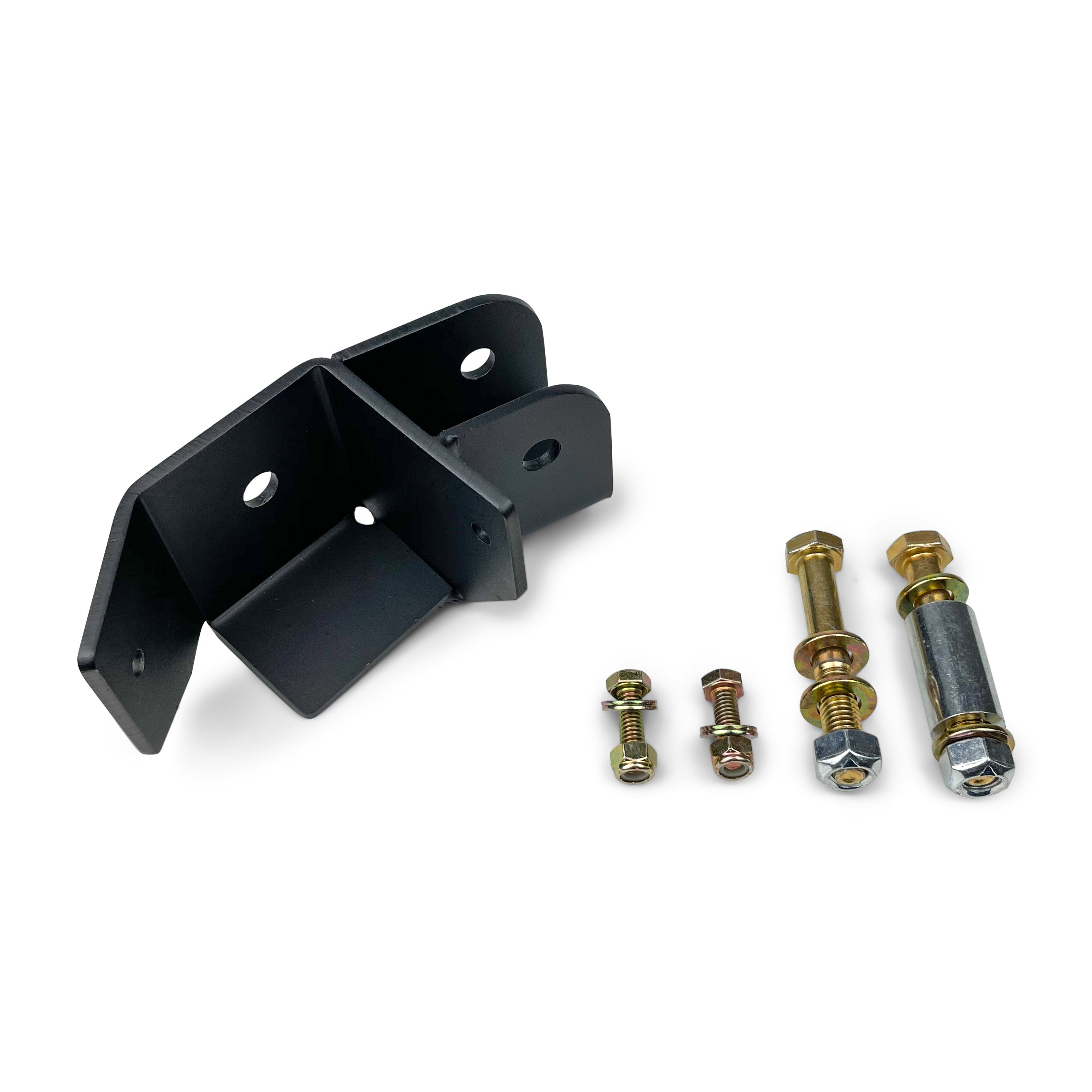 Black metal bracket mount with bolts and hardware for off-road vehicle suspension