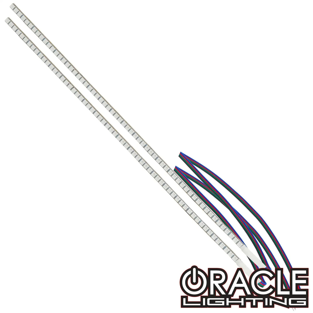 ORACLE Concept 5050 RGB LED strips, a pair of thin multicolor LED bars with purple and blue wire leads