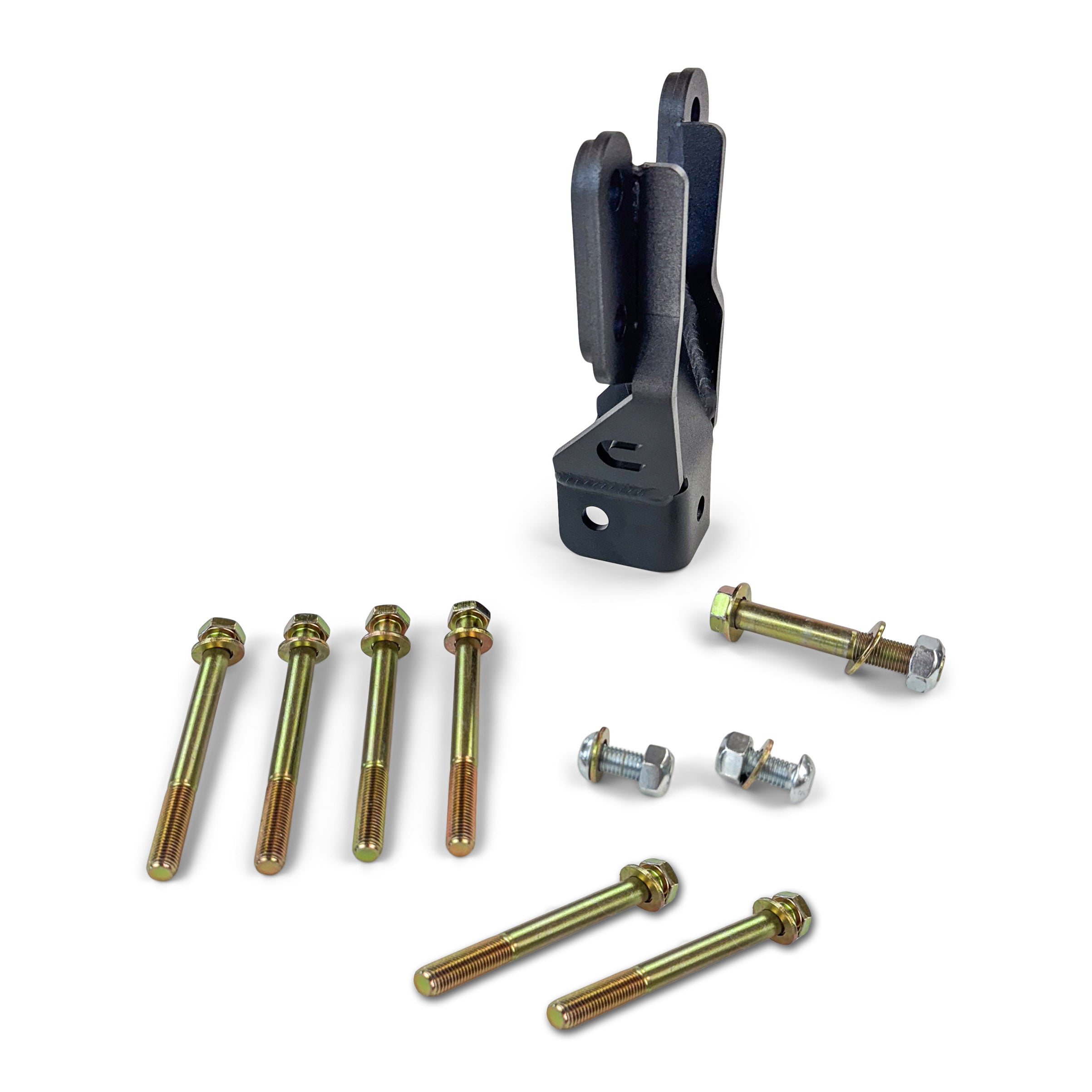 Heavy-duty black metal mounting bracket with installation bolts for off-road vehicle accessories