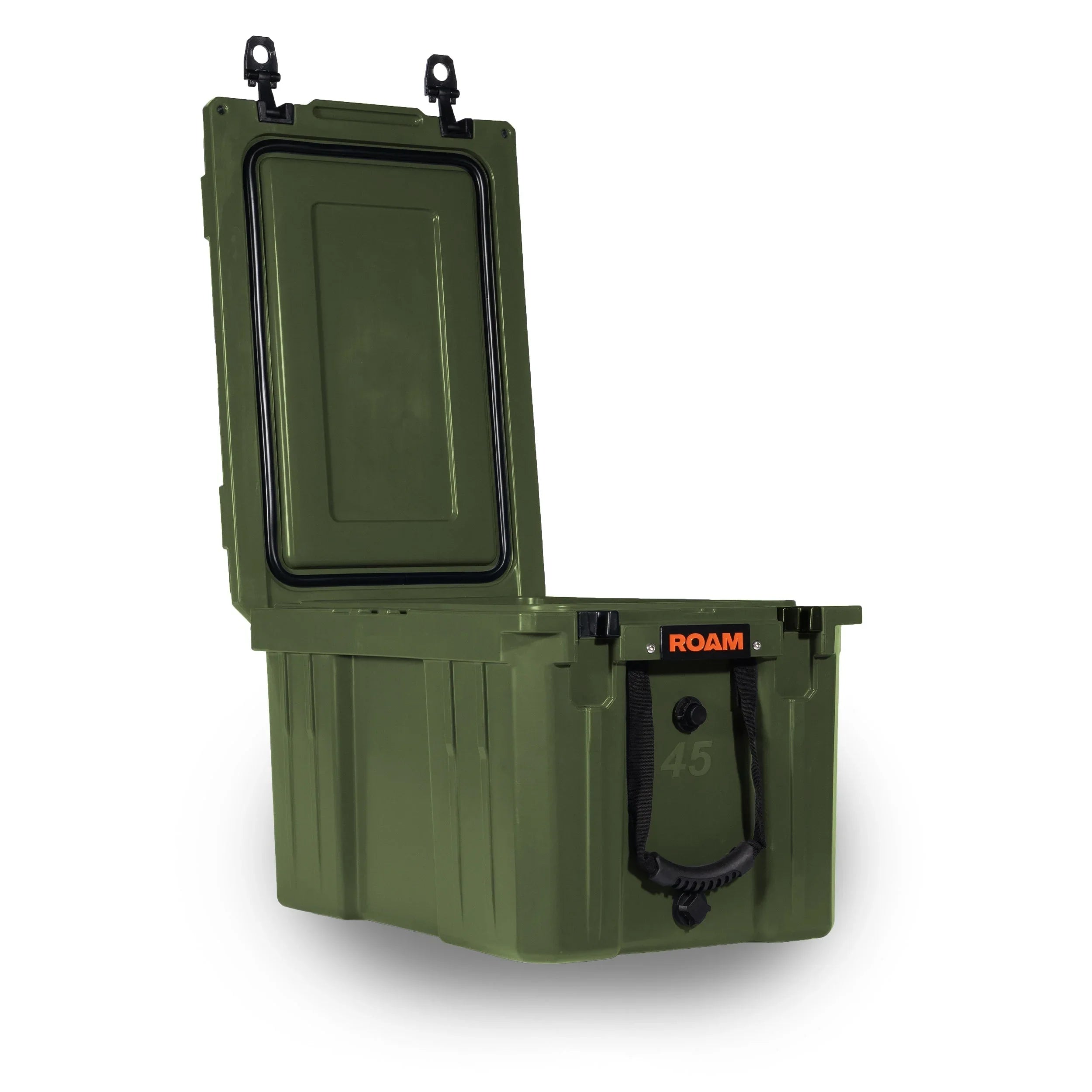 Olive green camping storage box with open lid, rugged design for overlanding gear