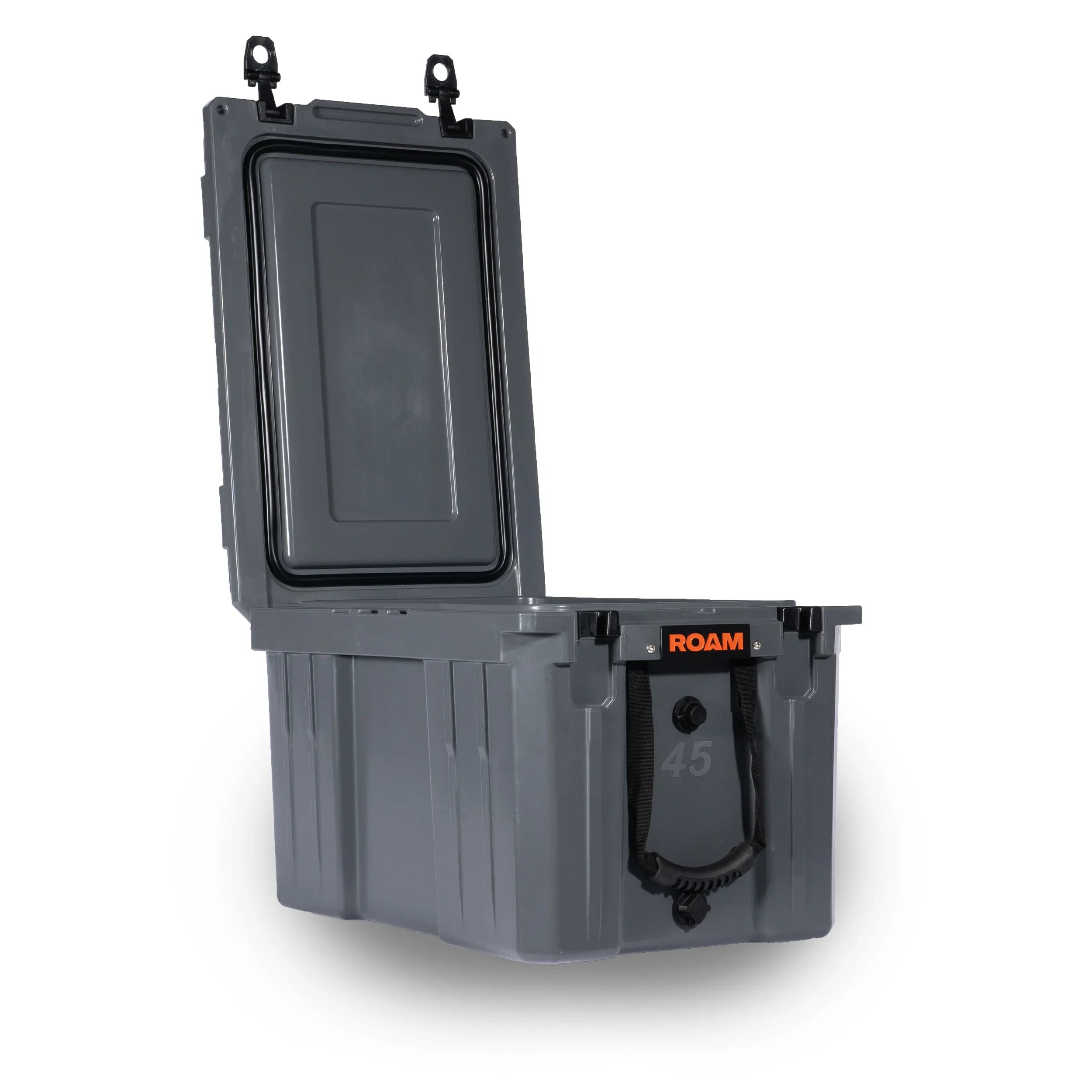 Gray 45L storage box with open lid, rugged handles, ideal for camping and overlanding gear