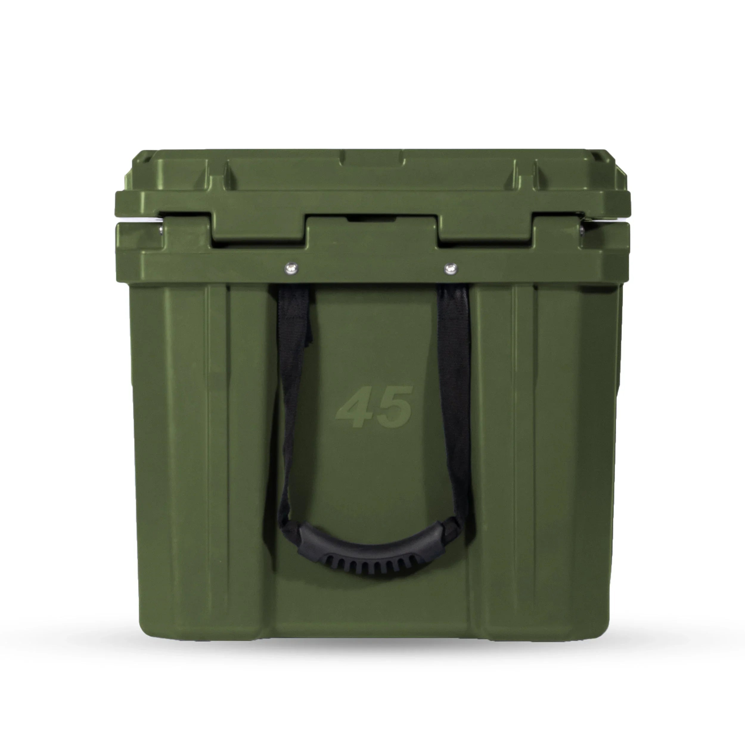 Olive green 45L rugged storage bin with black carrying handle, suited for overlanding gear