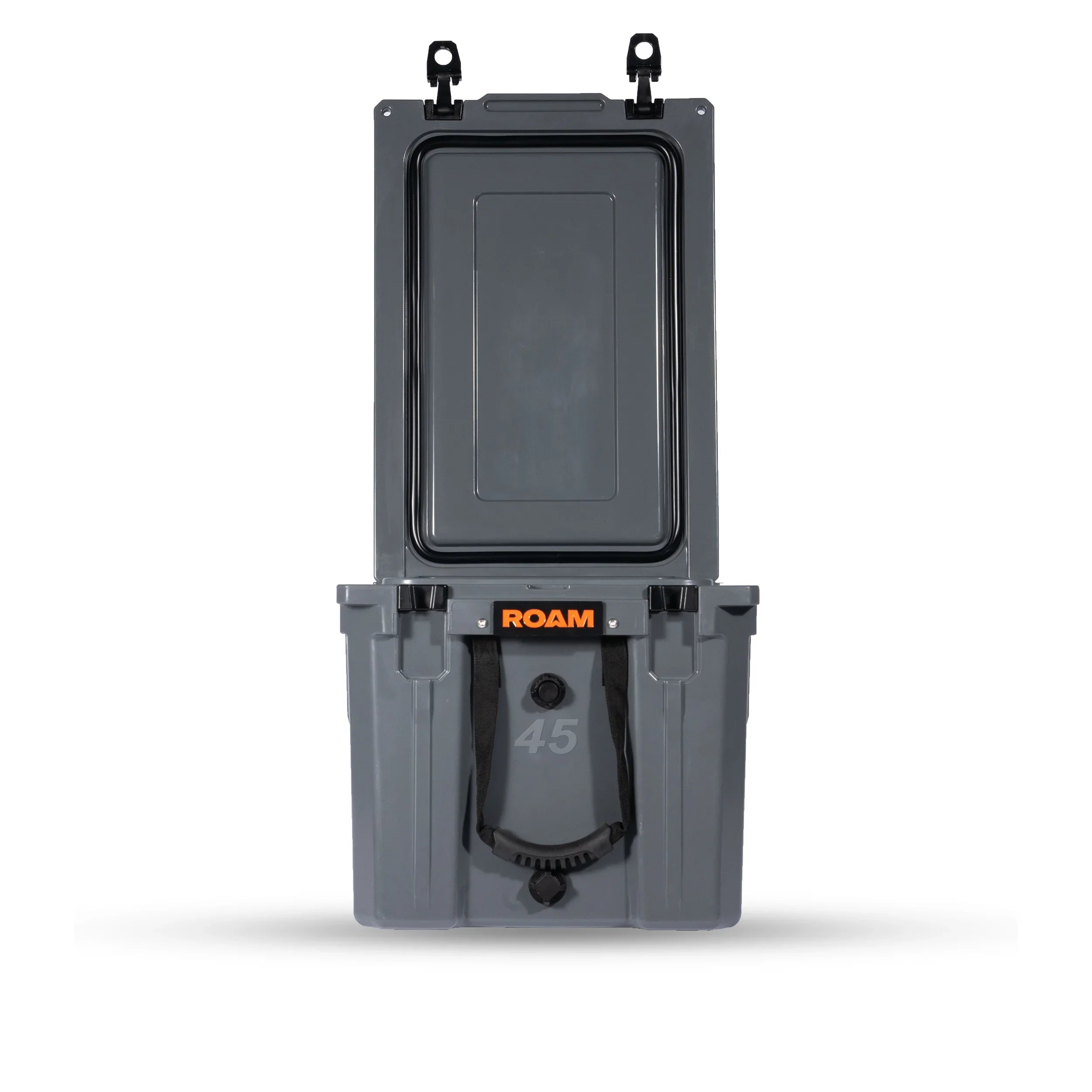 Gray 45L hard storage case open, front view, for overlanding and camping gear