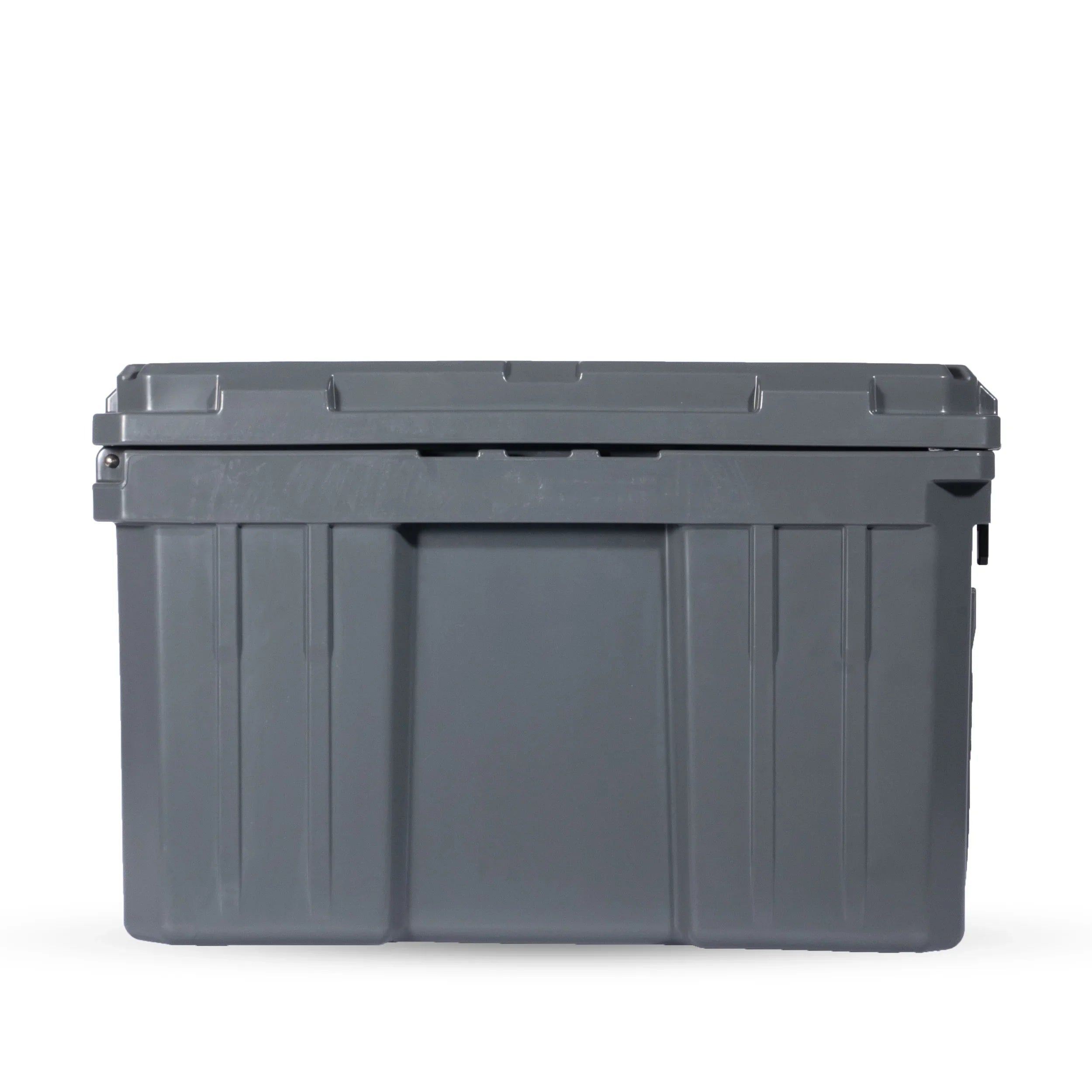 Heavy-duty gray plastic storage box for overlanding and camping gear