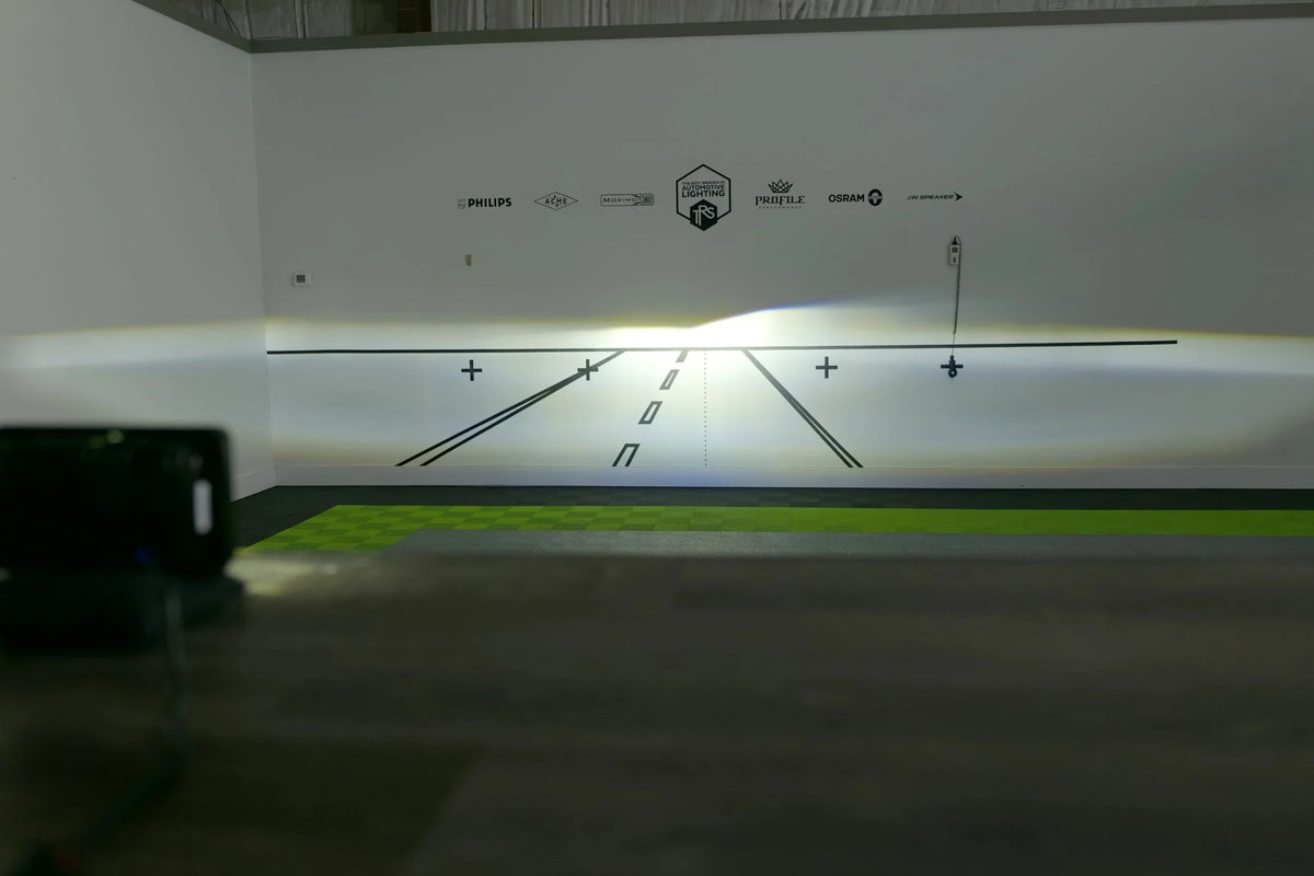 Bi-LED 4x6 headlight beam pattern test on wall with sharp white light output