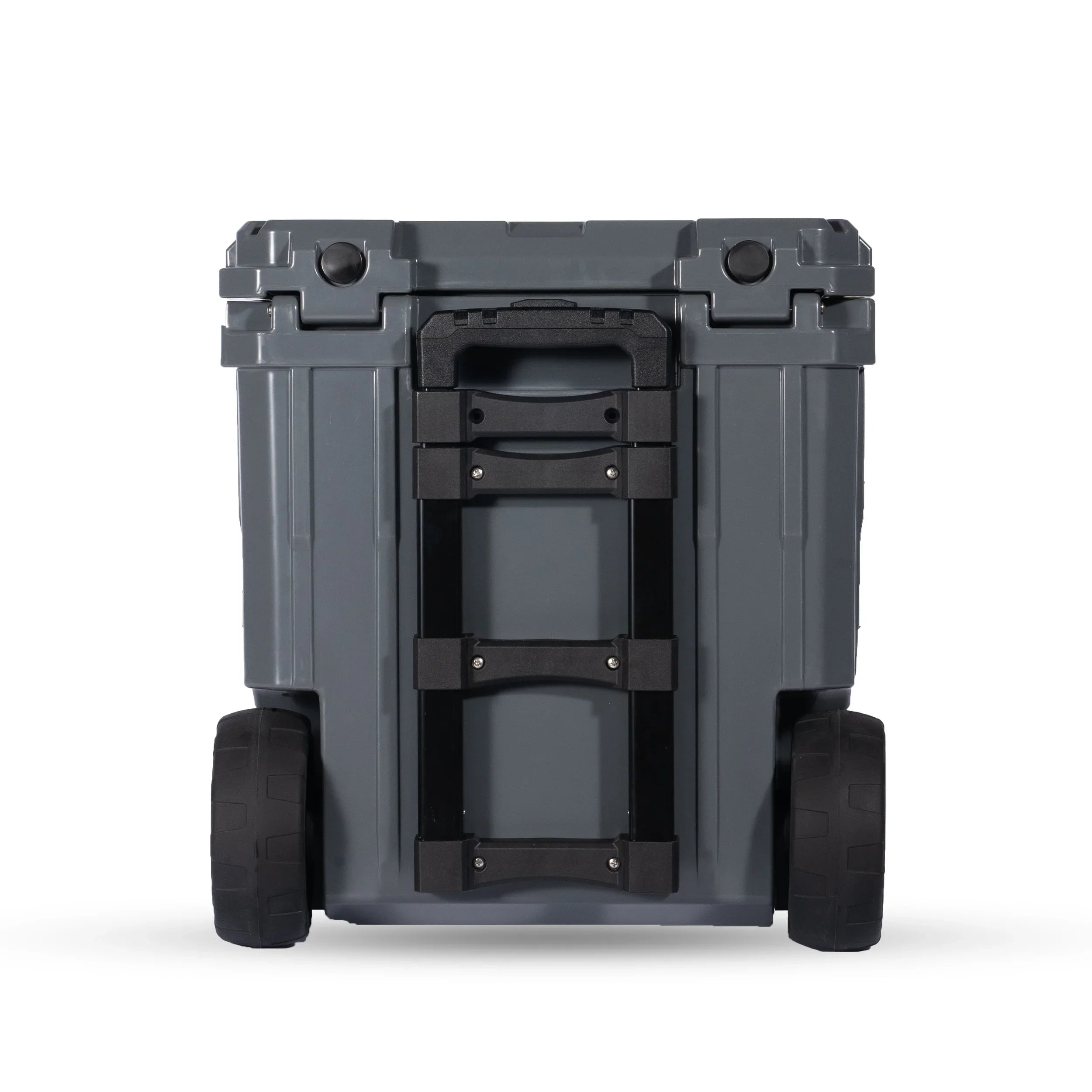 Gray 46L rolling storage case with heavy-duty wheels for camping and overlanding gear