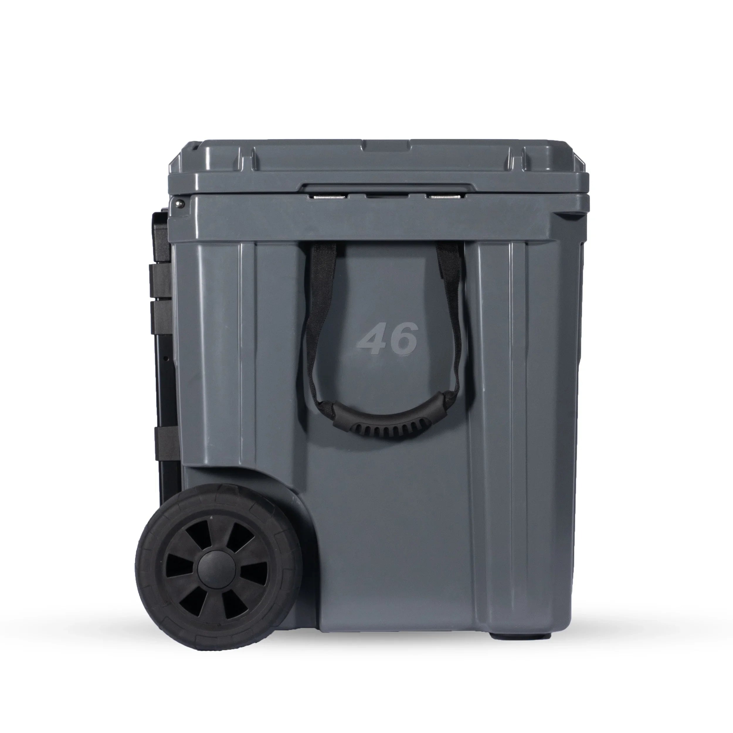 Grey 46-liter rolling storage bin with handle for overlanding and camping gear