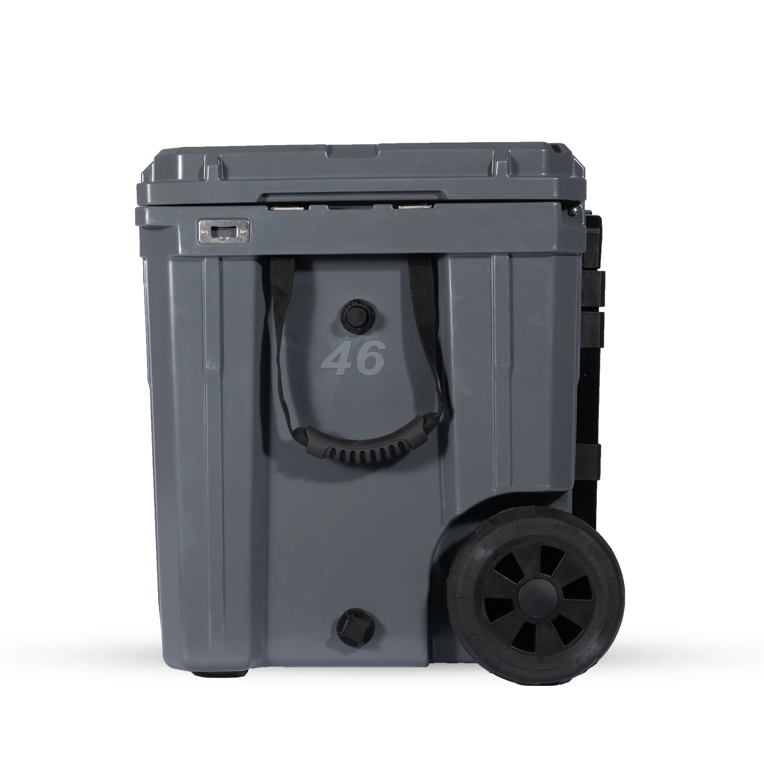 Grey rolling storage box with black wheels and handle, ideal for overlanding gear