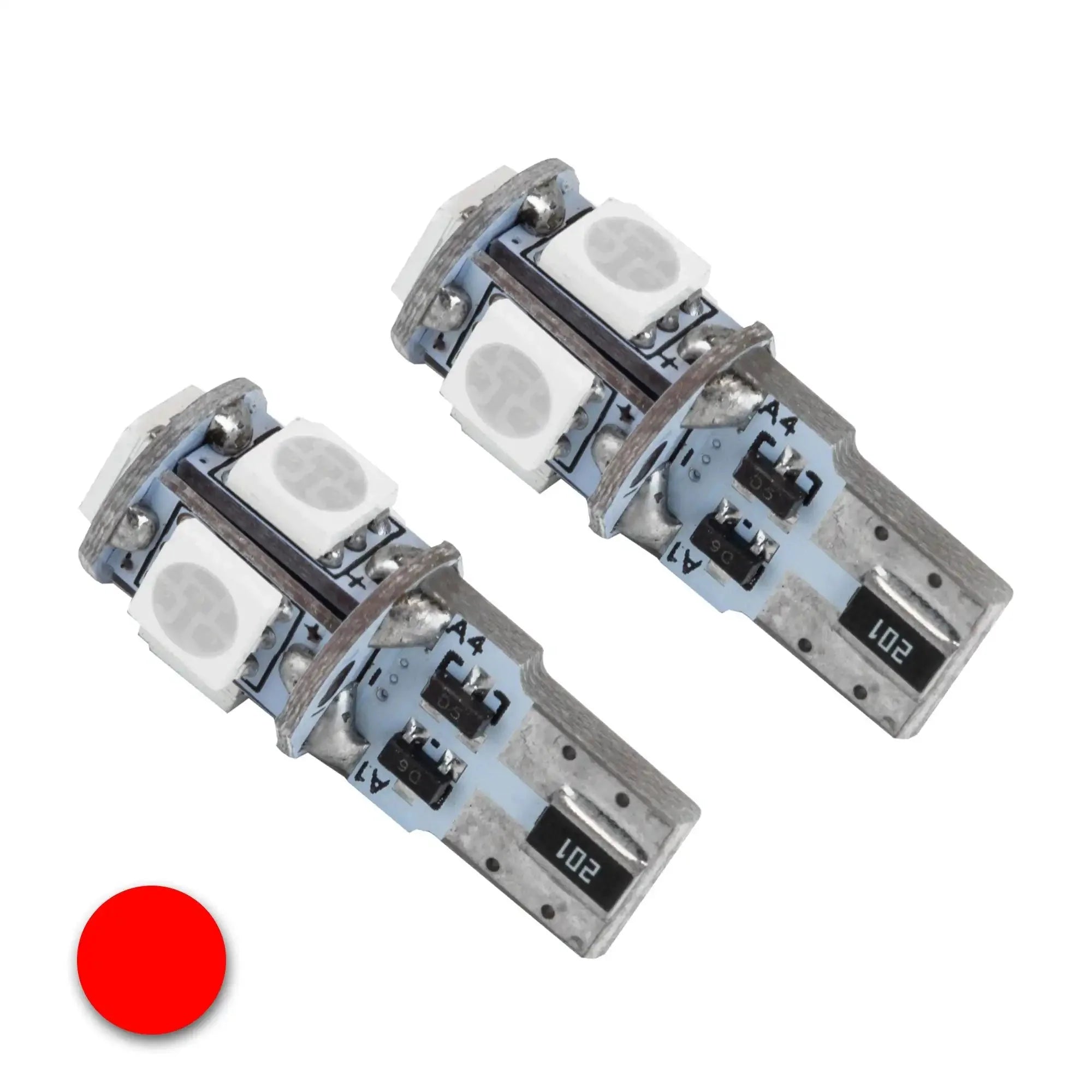 Pair of red T10 LED bulbs for vehicle interior lights, overlanding or expedition gear