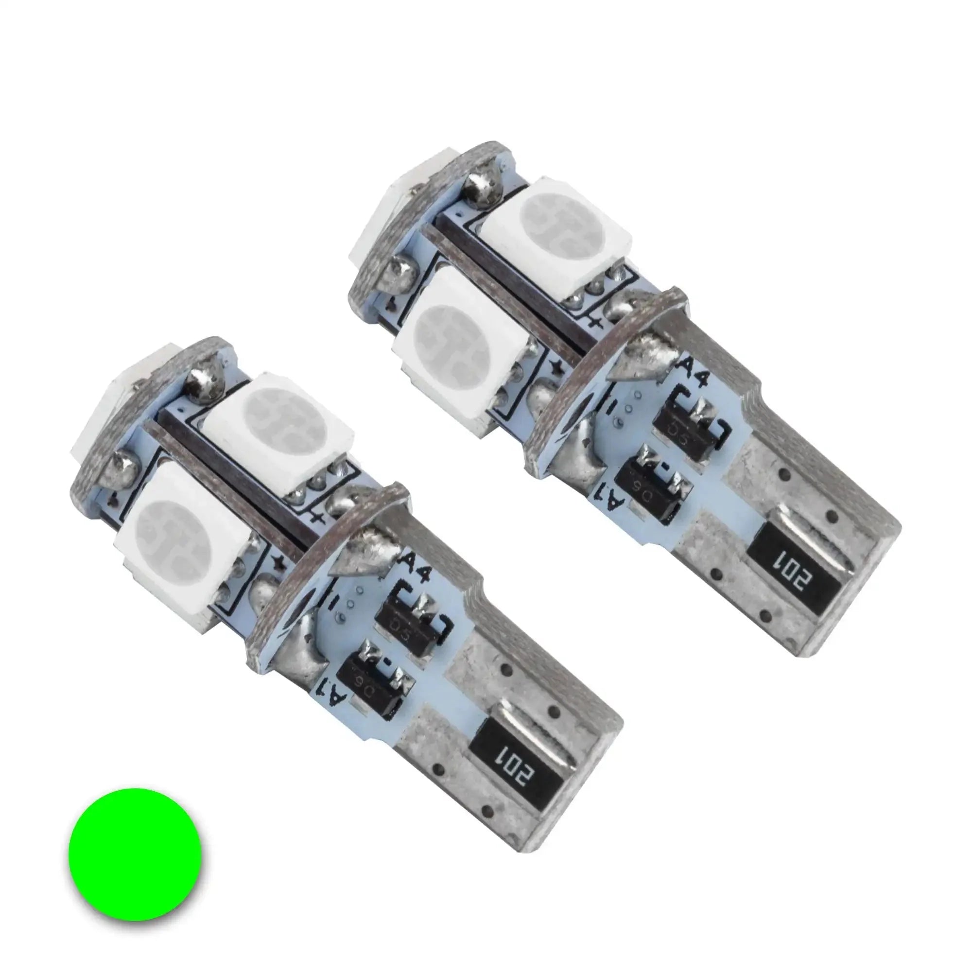 Pair of green T10 LED car bulbs with circuit details for off-road vehicle lighting