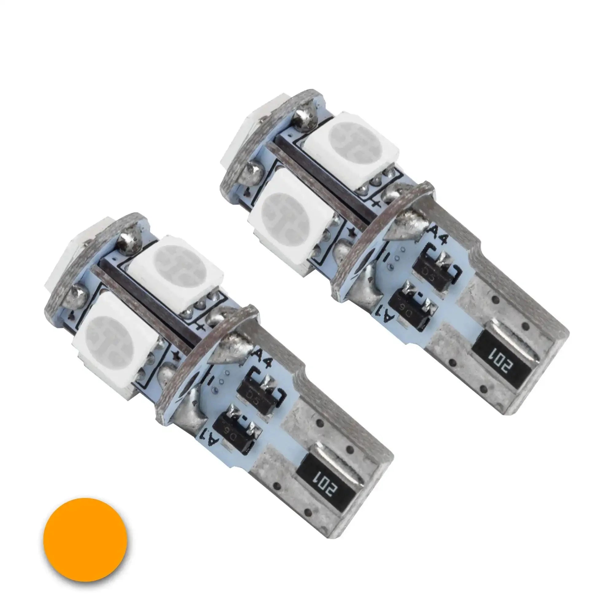 Pair of amber LED T10 bulbs for vehicle lighting and overlanding accessory upgrades