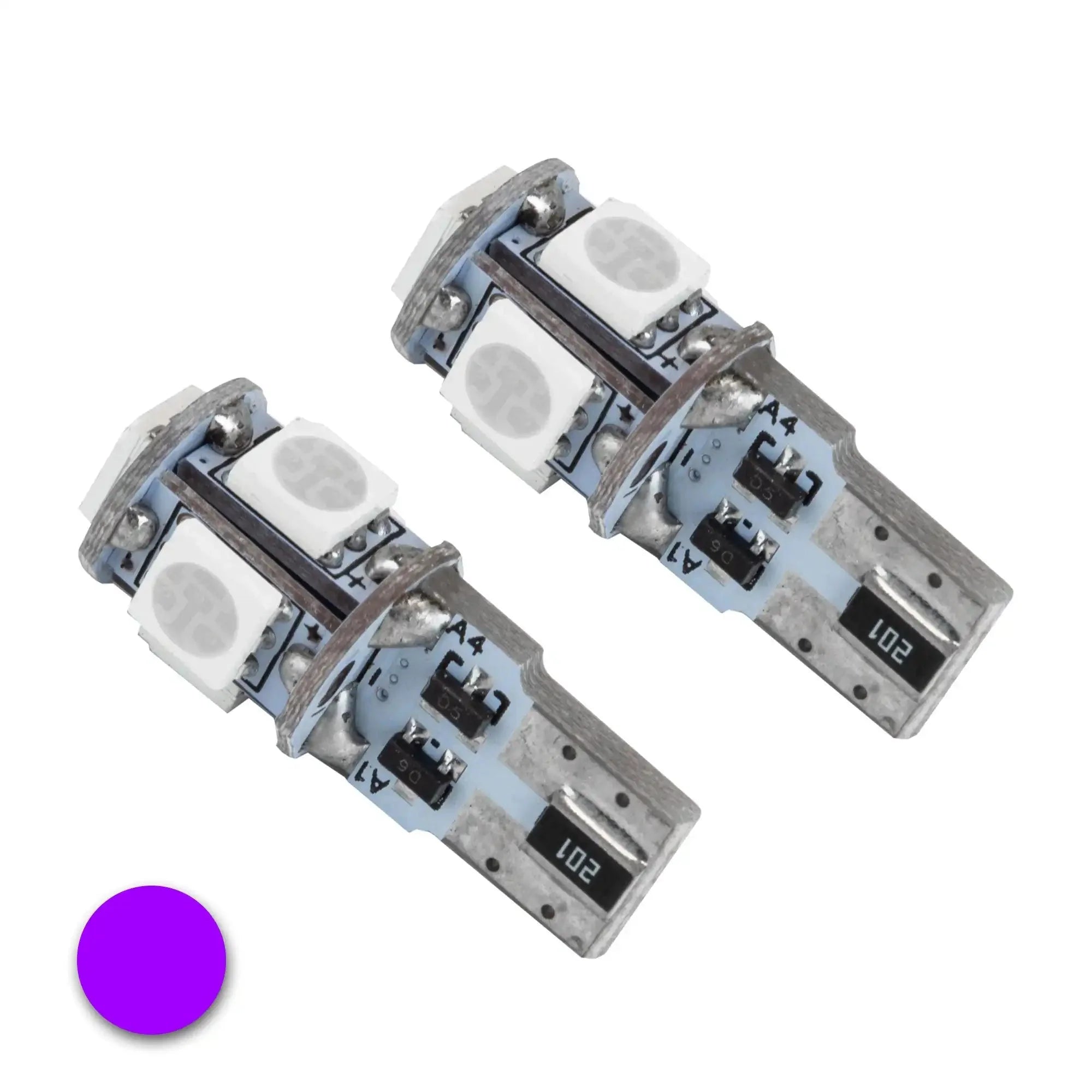 Pair of purple T10 LED bulbs for vehicle interior or accessory lighting, close-up view