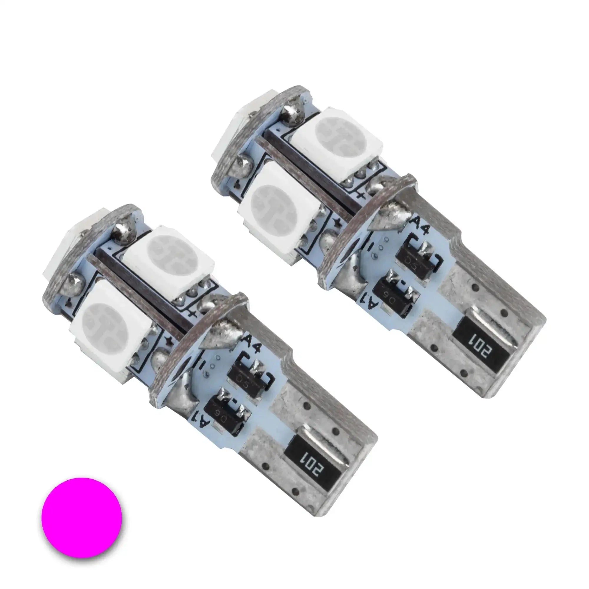 Pair of pink T10 LED bulbs for automotive interior or exterior lighting
