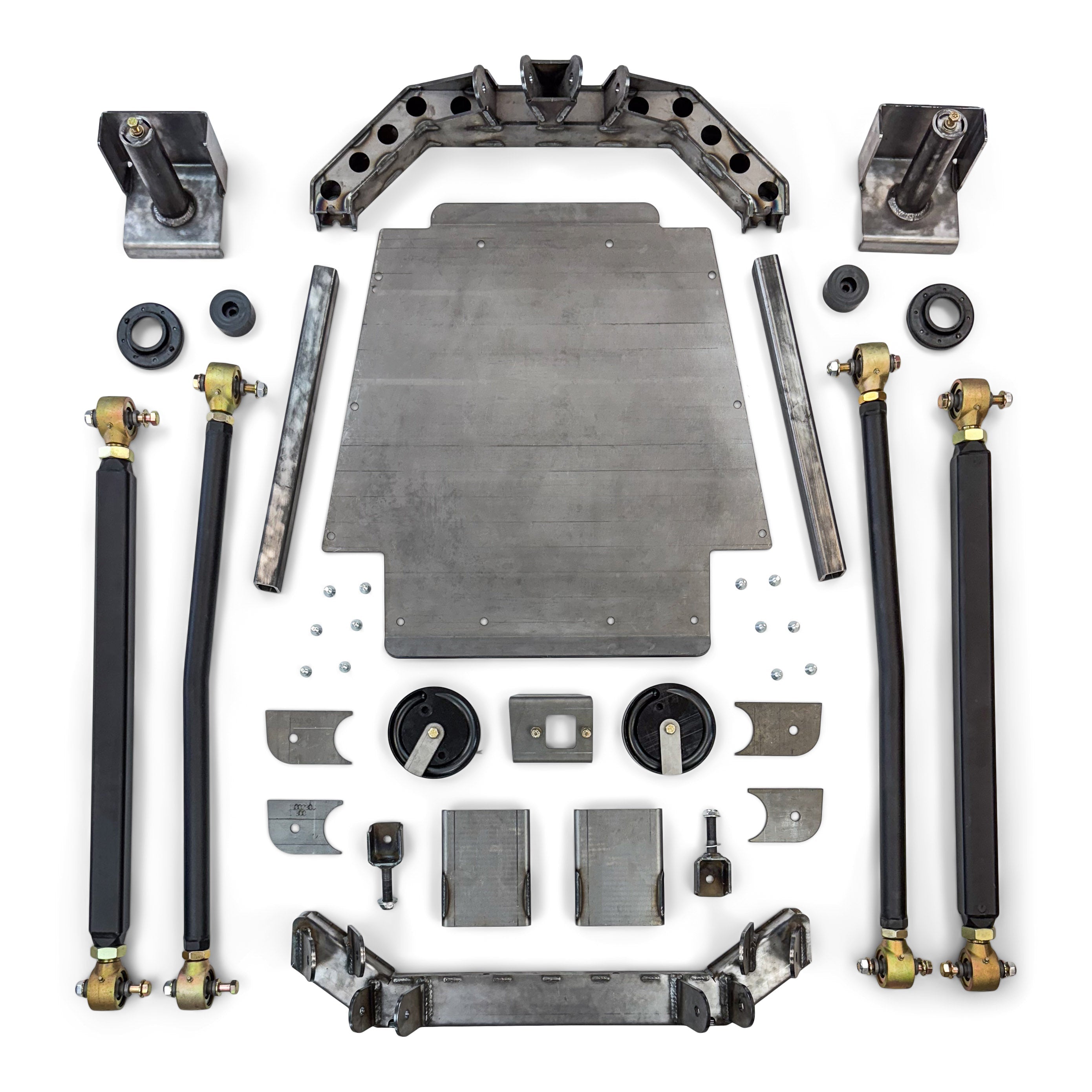 Heavy duty off-road suspension kit with control arms, brackets, skid plate and hardware