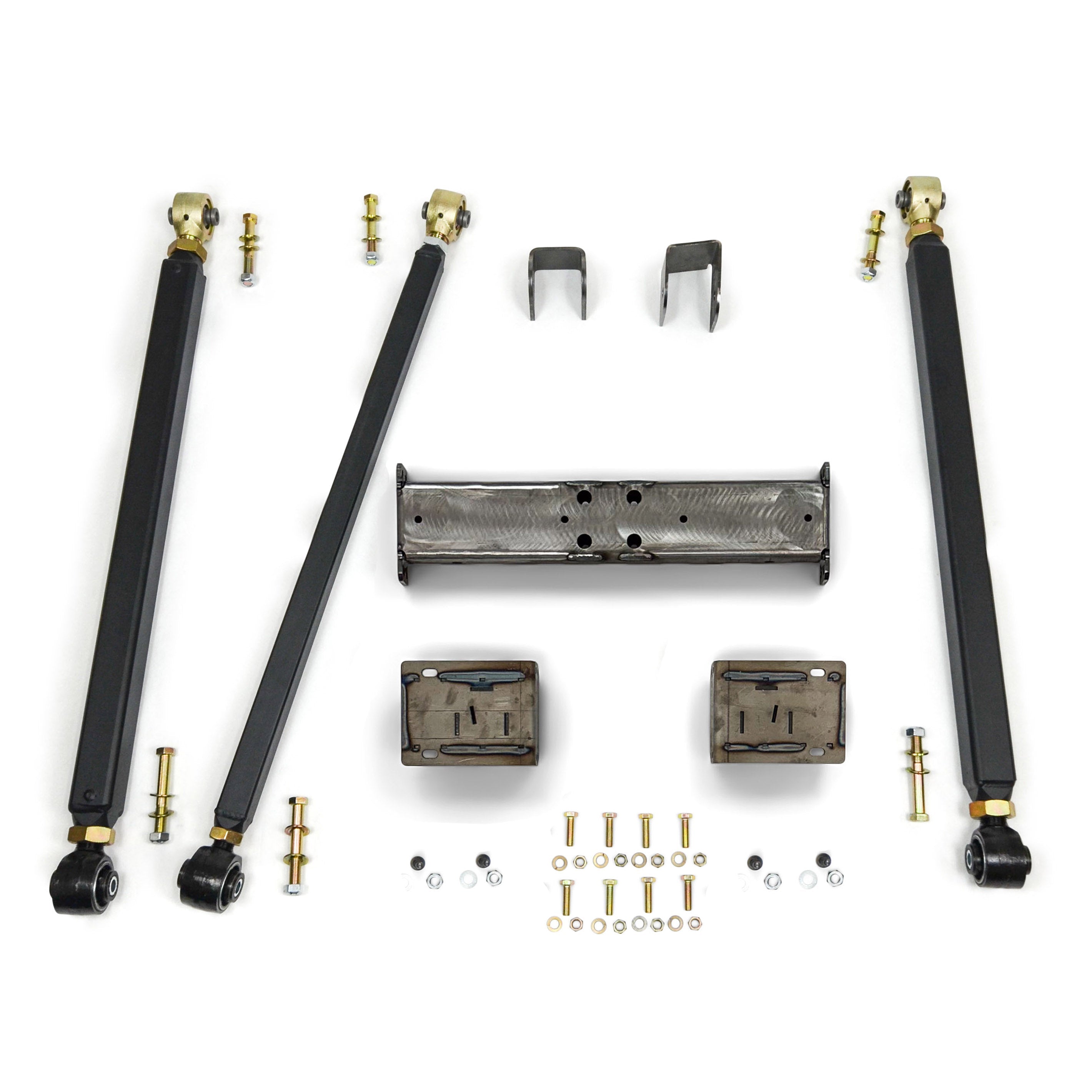 Heavy duty suspension control arms and hardware kit for off-road vehicles, arranged on white background.