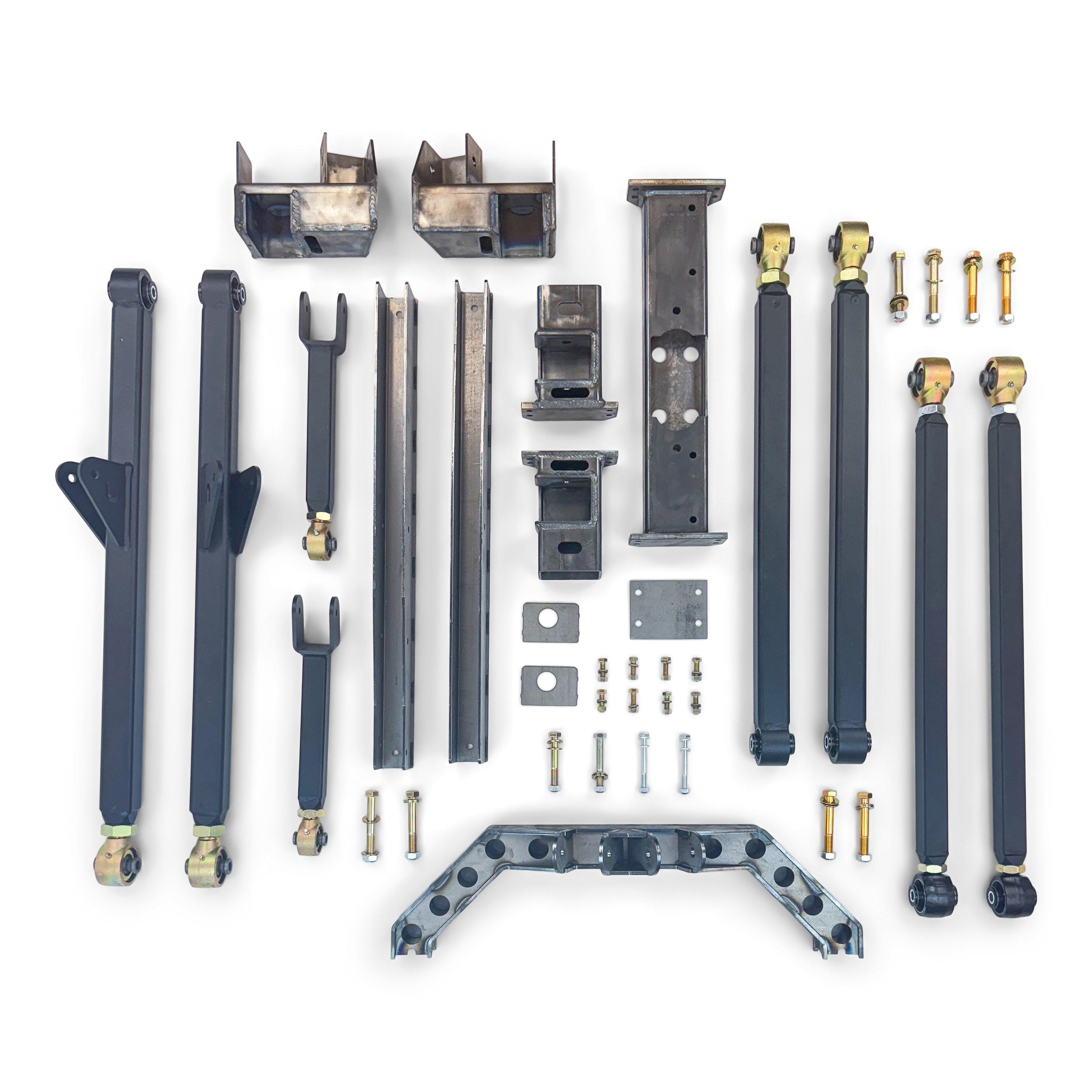 Heavy-duty 4-link suspension kit parts for off-road vehicles and trucks, flat lay view