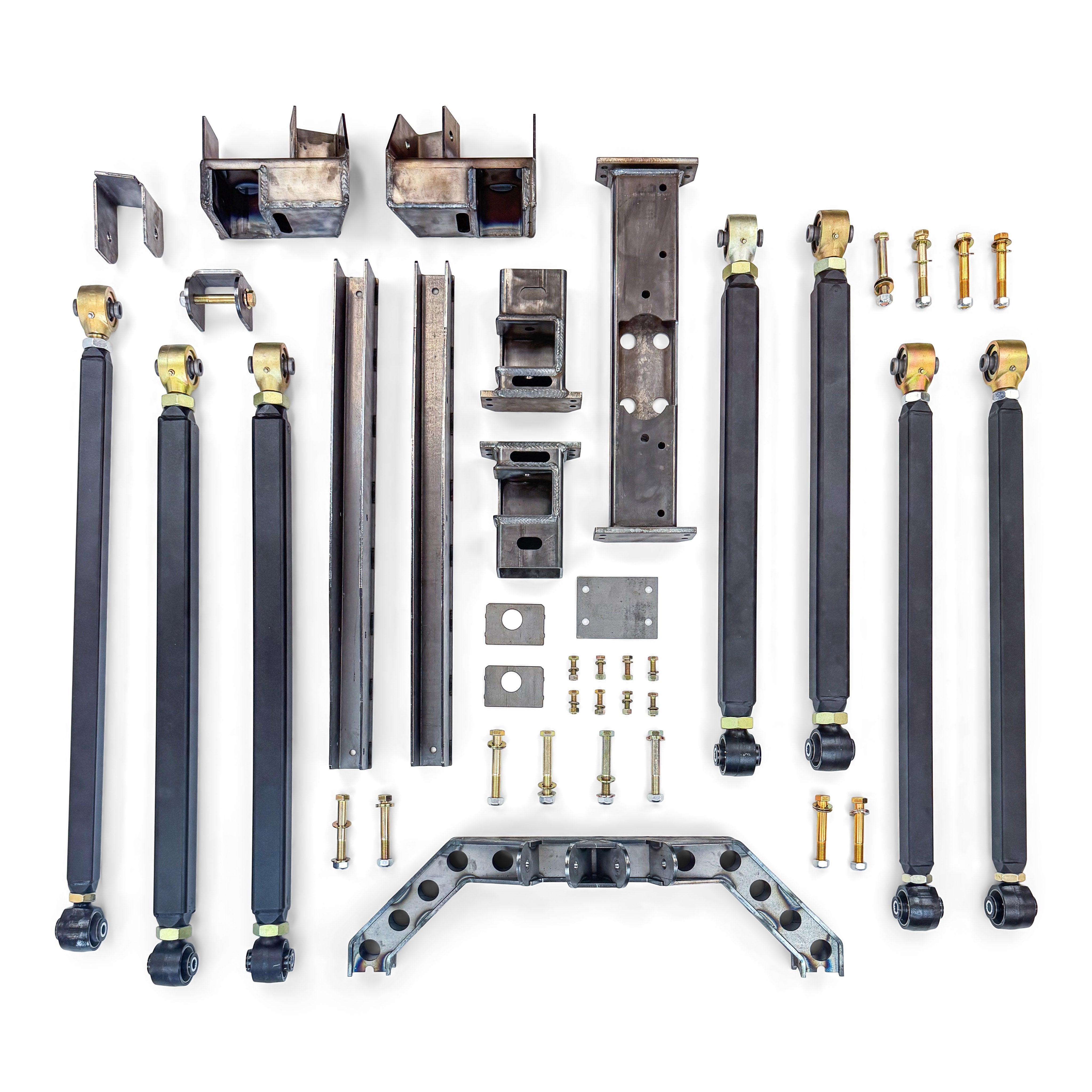 Overland vehicle suspension and control arm kit with brackets and hardware, top view