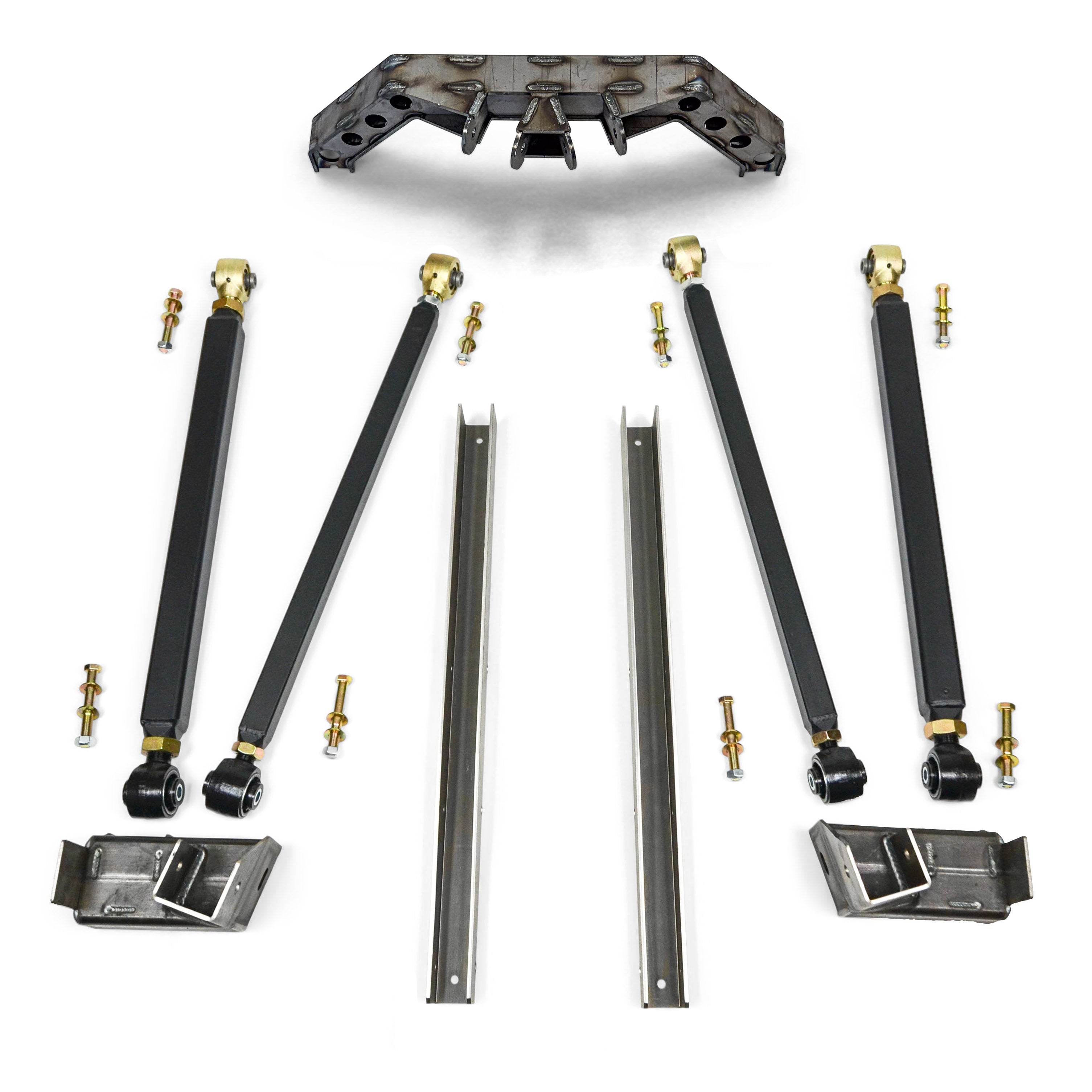 Heavy-duty off-road suspension link kit with metal bars, joints, brackets, and mounting hardware