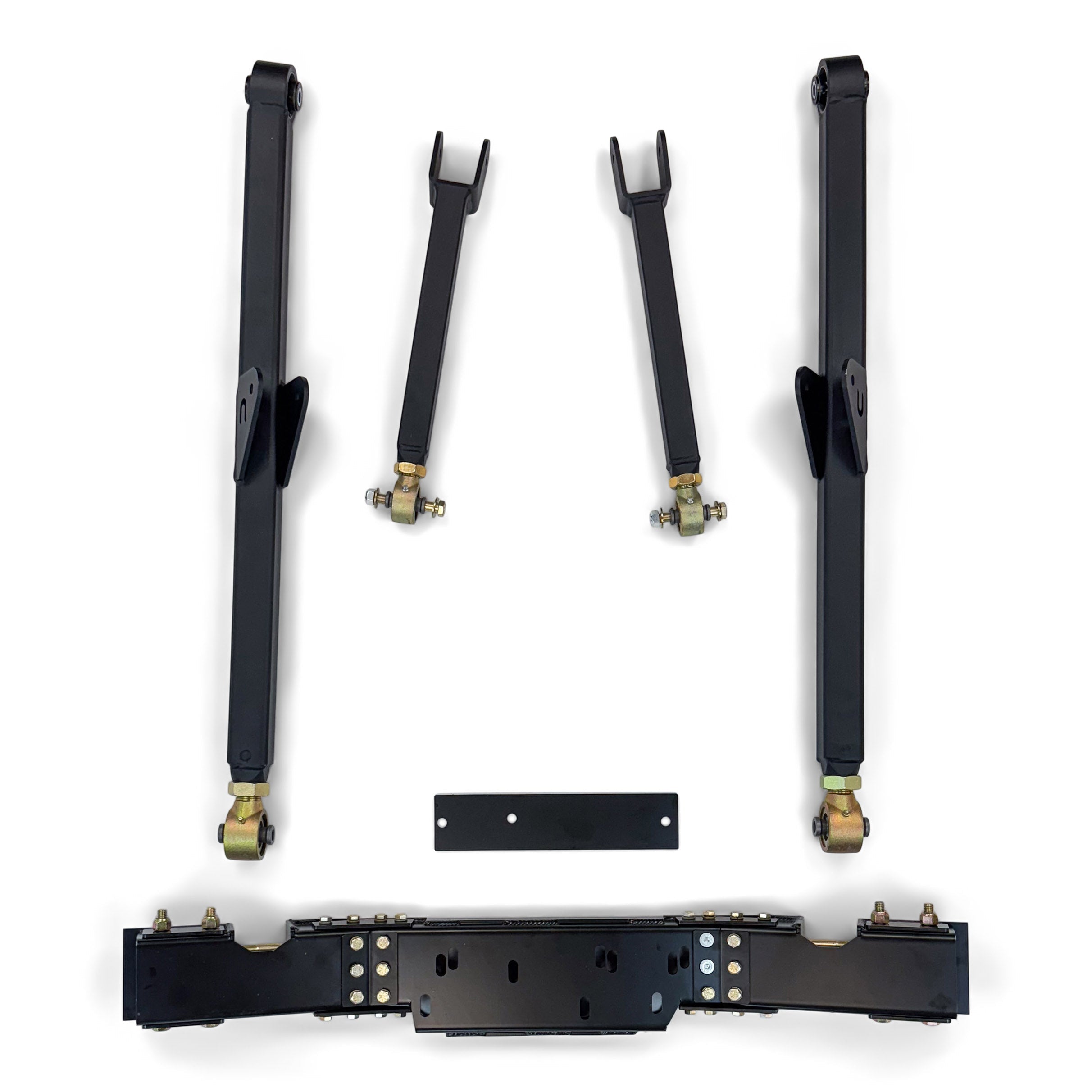 Heavy-duty adjustable rear suspension kit for off-road vehicles, black components on white background