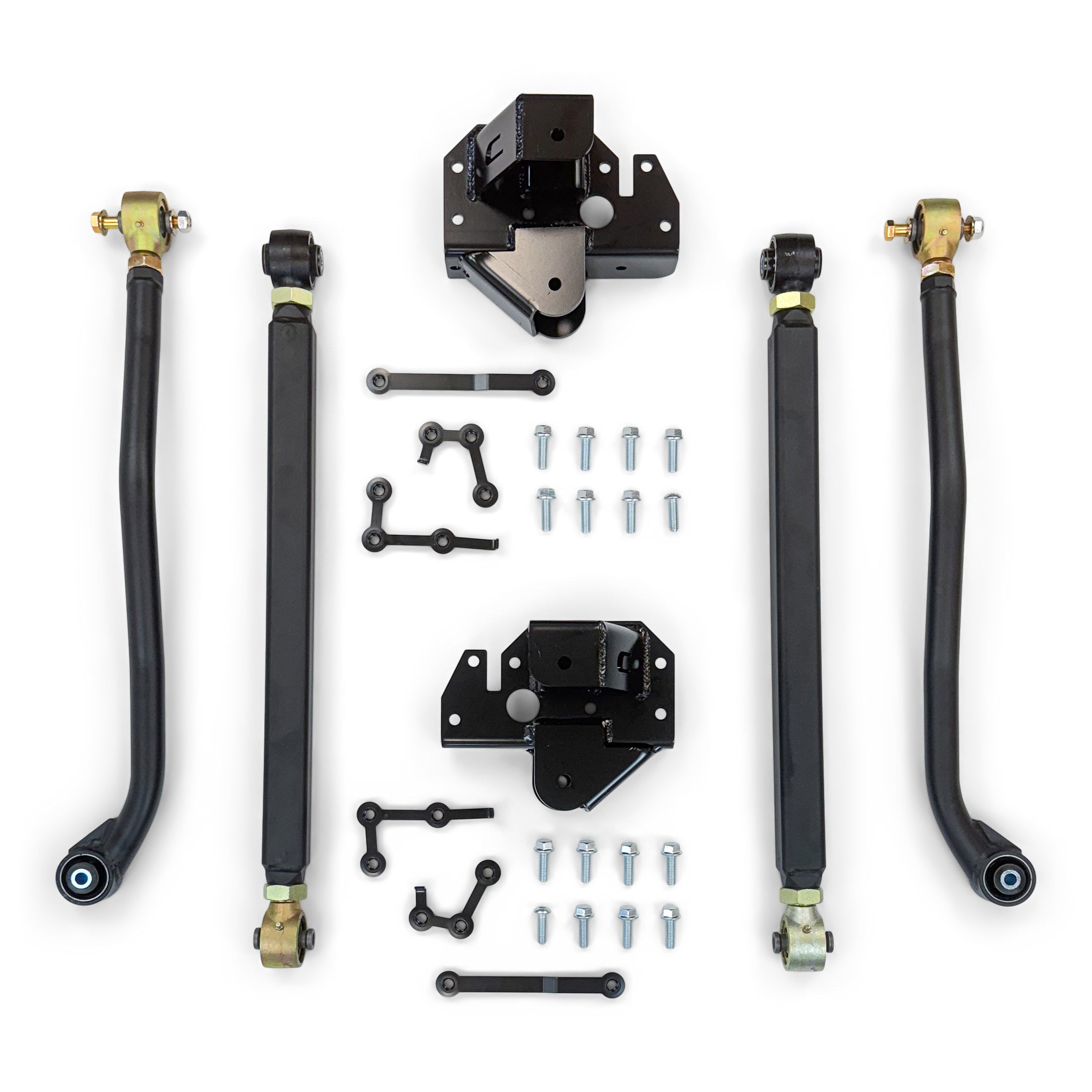 Heavy-duty suspension control arms and mounting brackets kit for off-road vehicles, includes hardware
