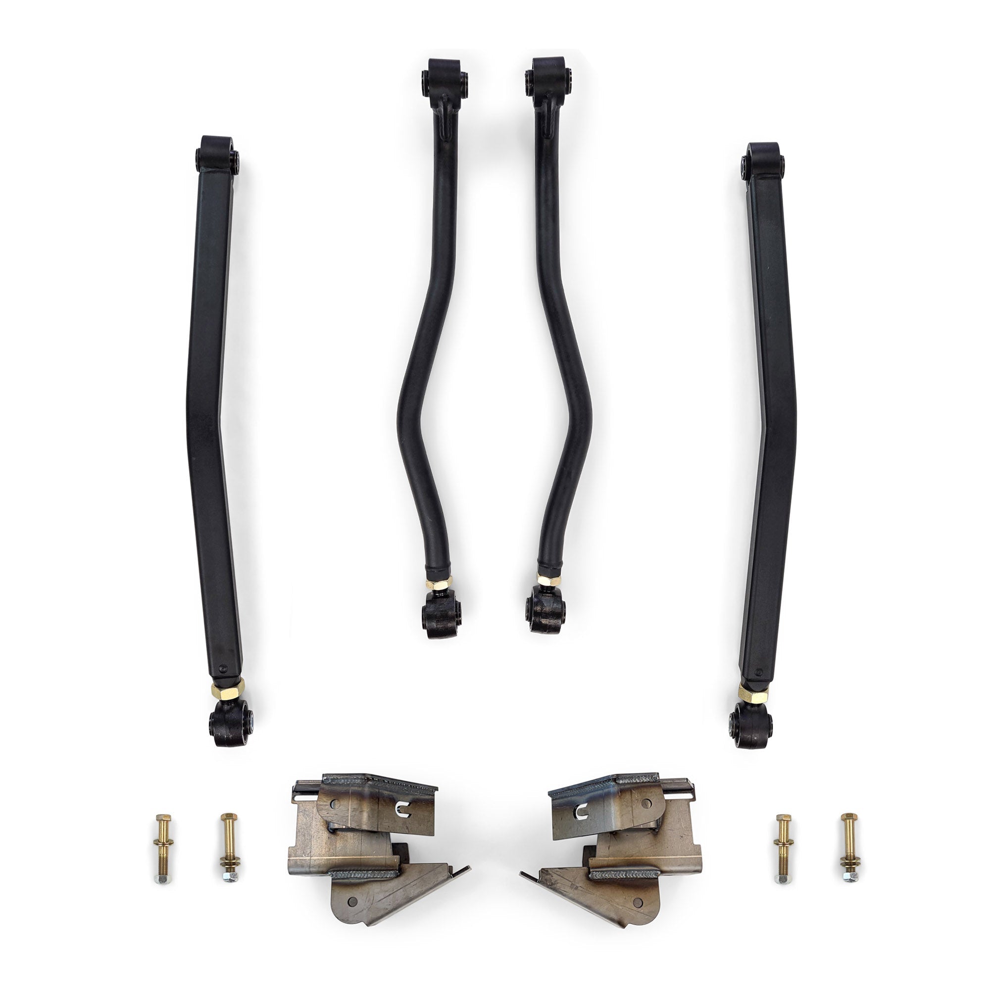 Overland vehicle suspension control arm kit with brackets and bolts on white background