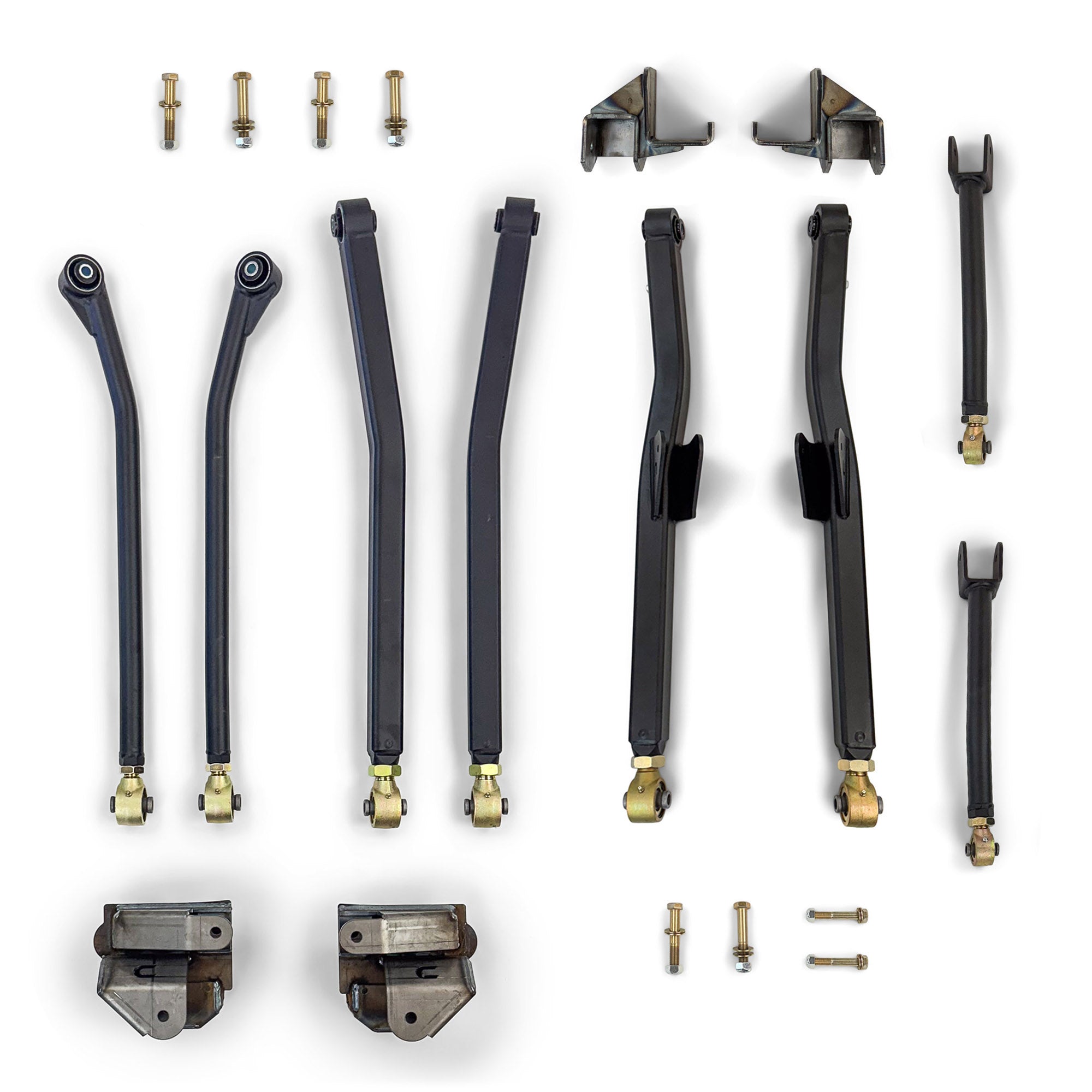 Aftermarket suspension link kit with control arms, brackets, and hardware for off-road vehicles