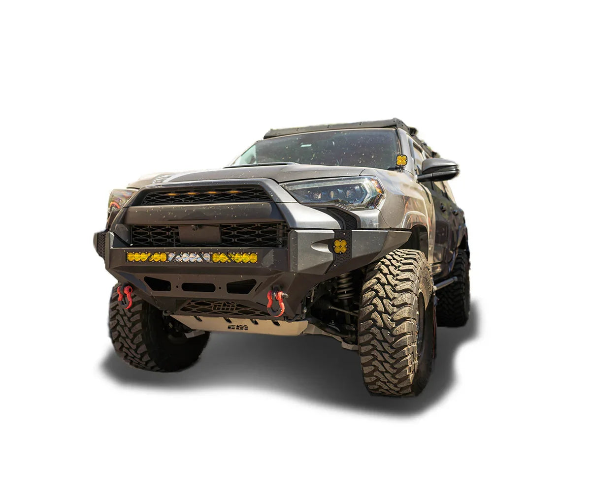 Lifted Toyota 4Runner with off-road bumper, mud-terrain tires, and adventure accessories