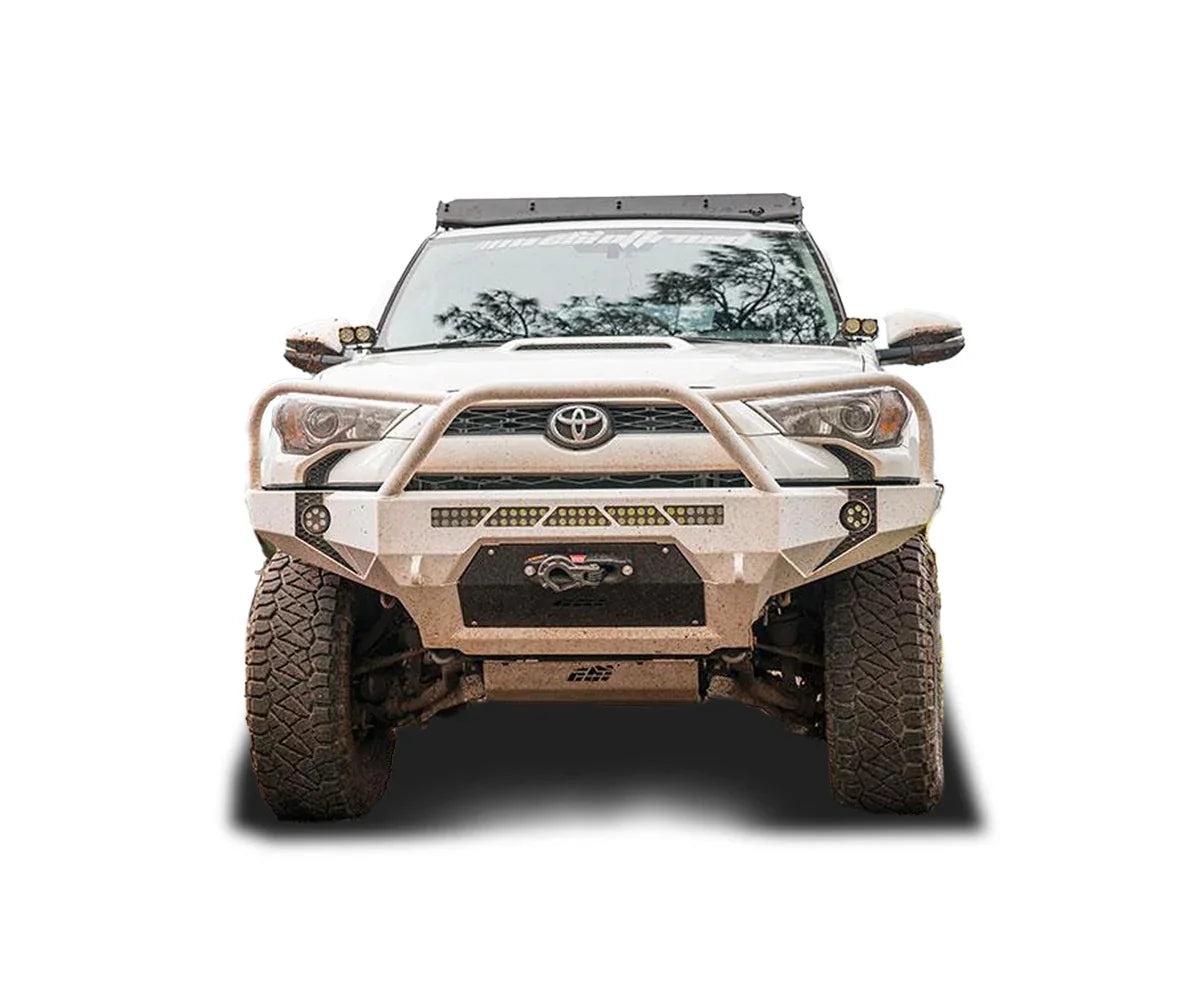 Front view of a 2016 Toyota 4Runner with off-road bumper and overlanding gear