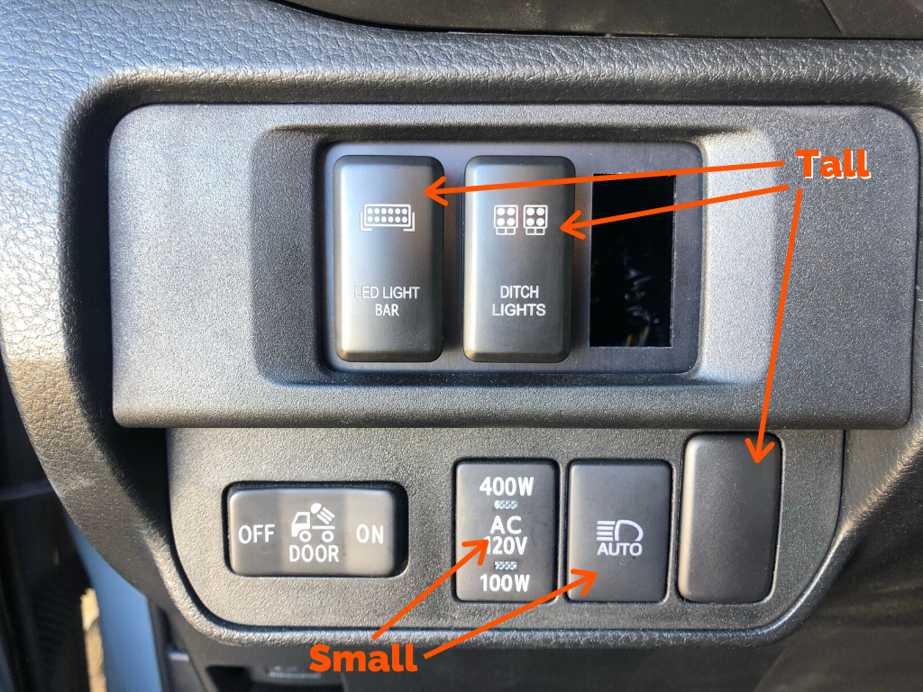 Toyota switch panel with labeled LED light bar, ditch lights, and other OEM accessory switches