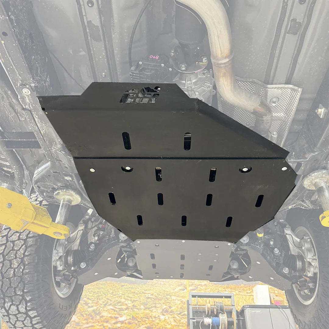 4th gen Toyota Tacoma rear skid plate installed under vehicle for off-road protection