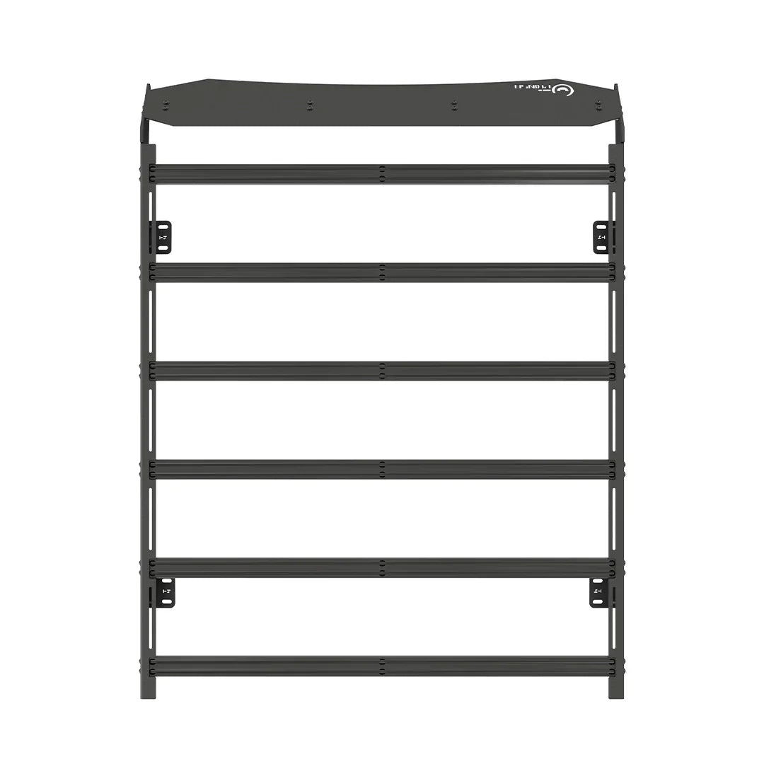 4th gen Toyota Tacoma roof rack with multiple cross bars, black metal, front view