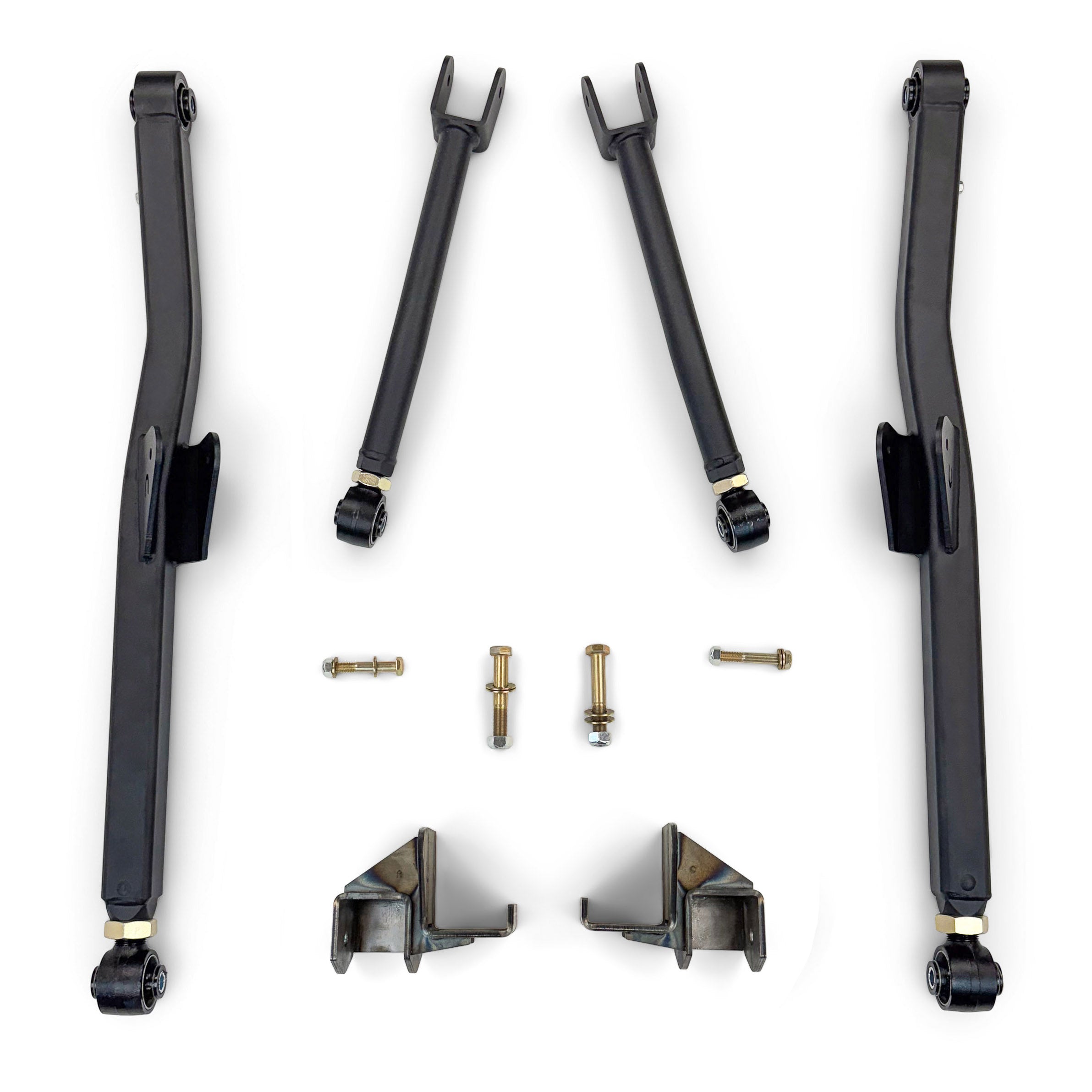 Heavy-duty adjustable control arm kit with brackets and hardware for off-road vehicles