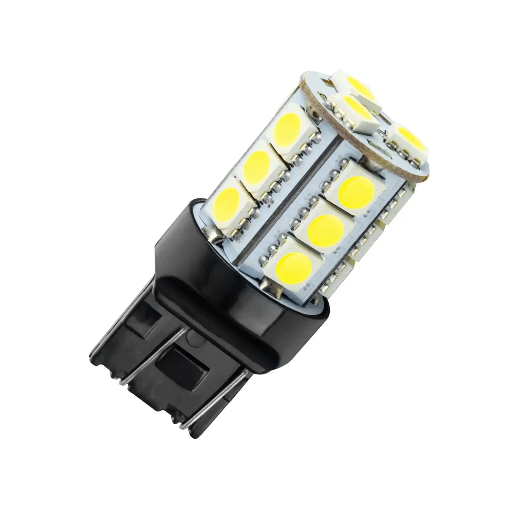Automotive LED bulb with multiple yellow diodes and black plastic base for vehicle lighting