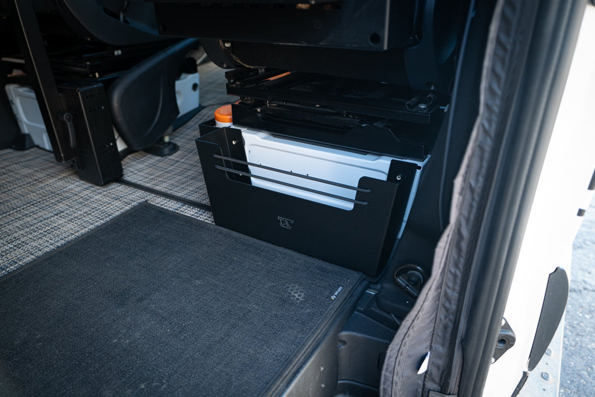 Close-up of the CAV Sprinter seat base storage cubby