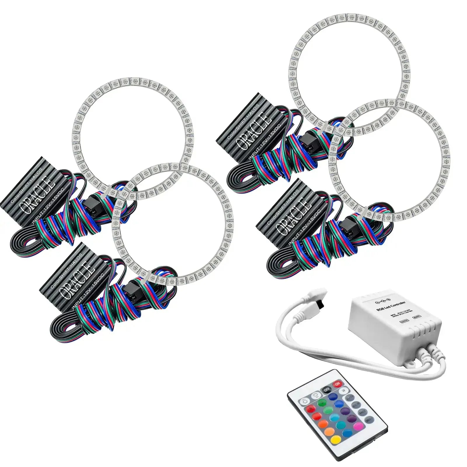 LED headlight halo ring kit with multi-color remote and control module for off-road vehicles