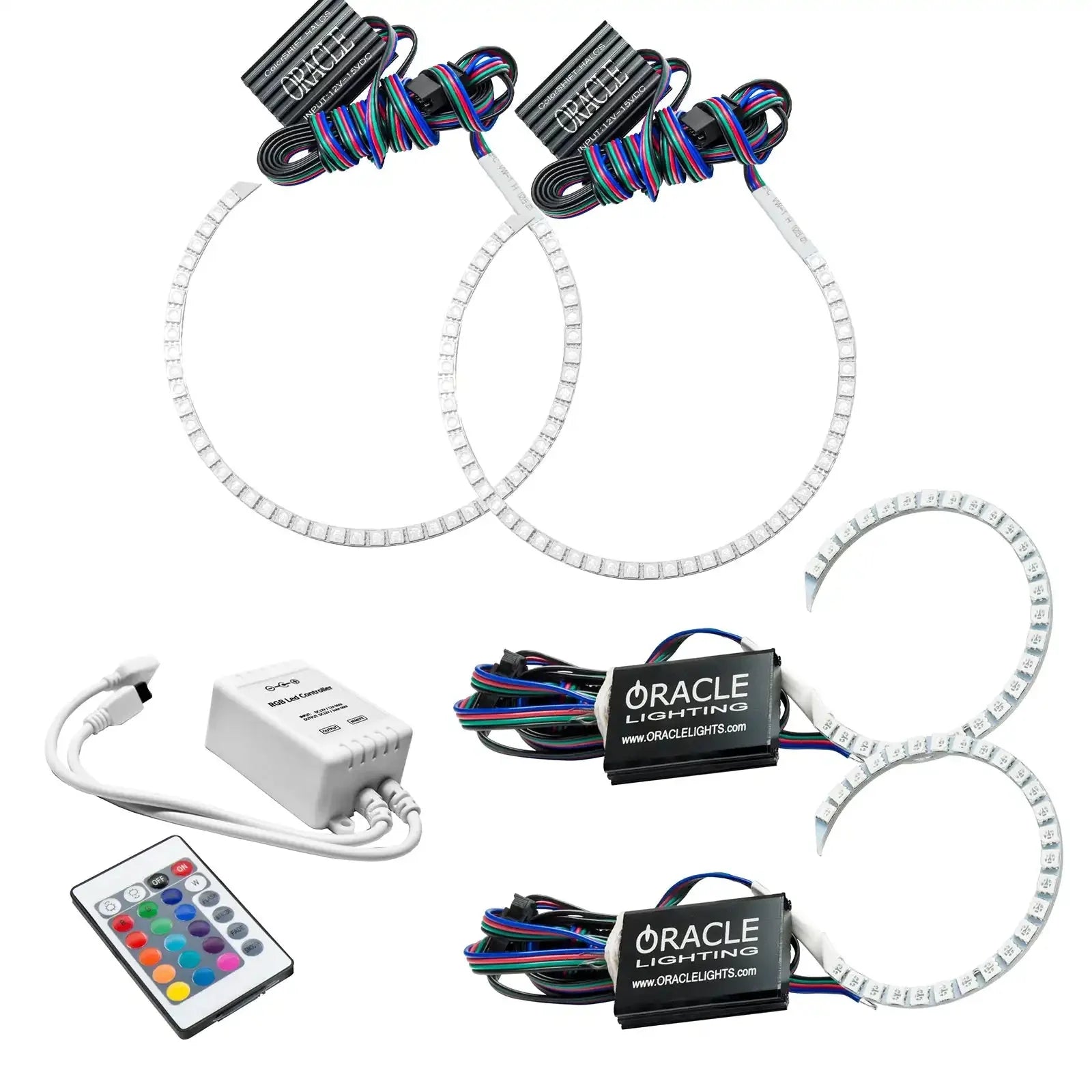 RGB LED halo lights kit with wiring, control box, and remote for off-road vehicle headlights