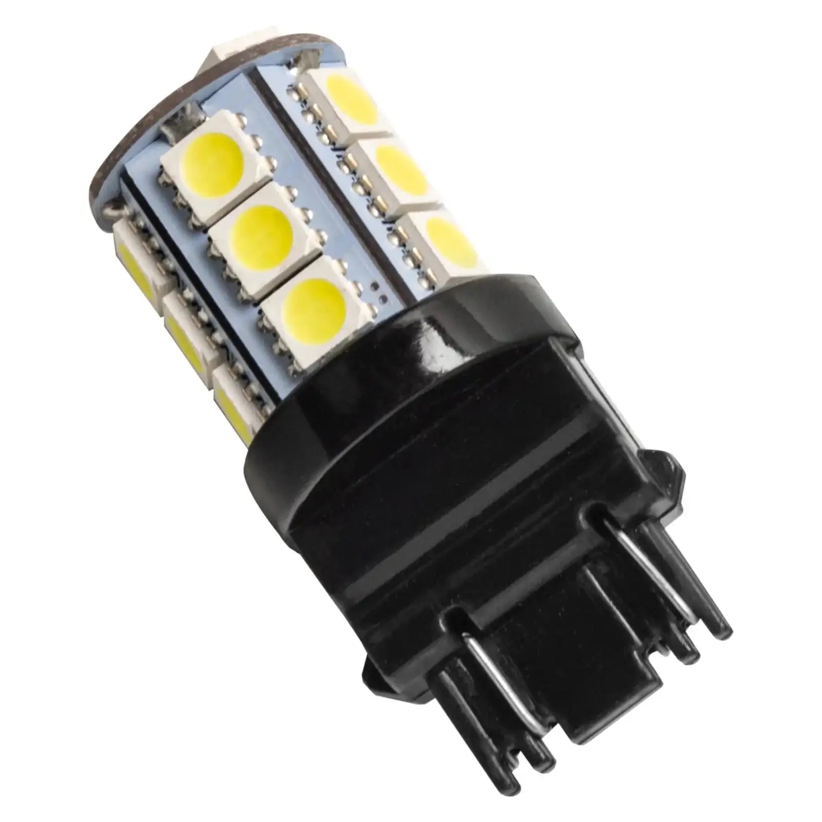 LED automotive light bulb with multiple yellow diodes and black plastic base