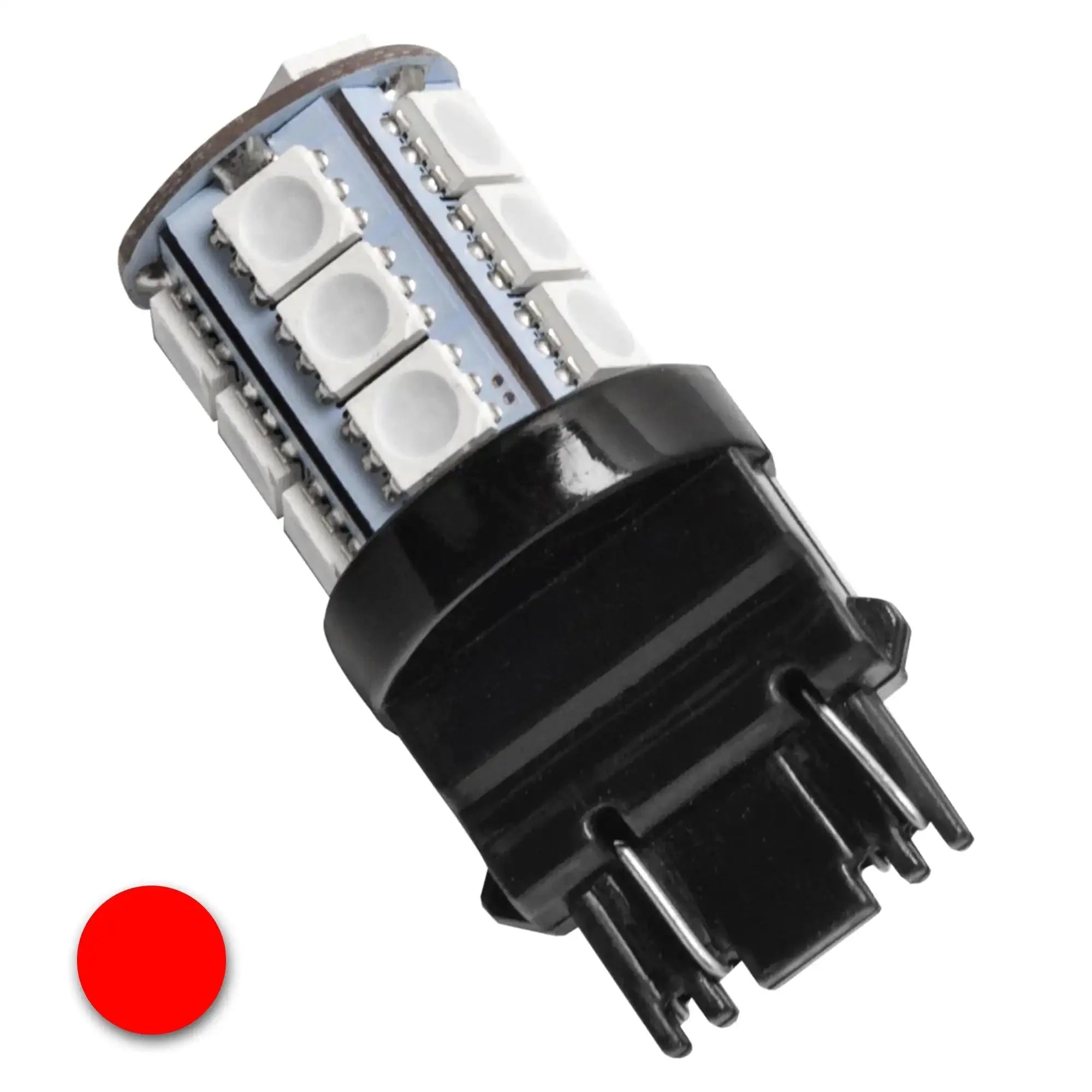 Red LED automotive bulb with black plastic base for off-road vehicles and trucks