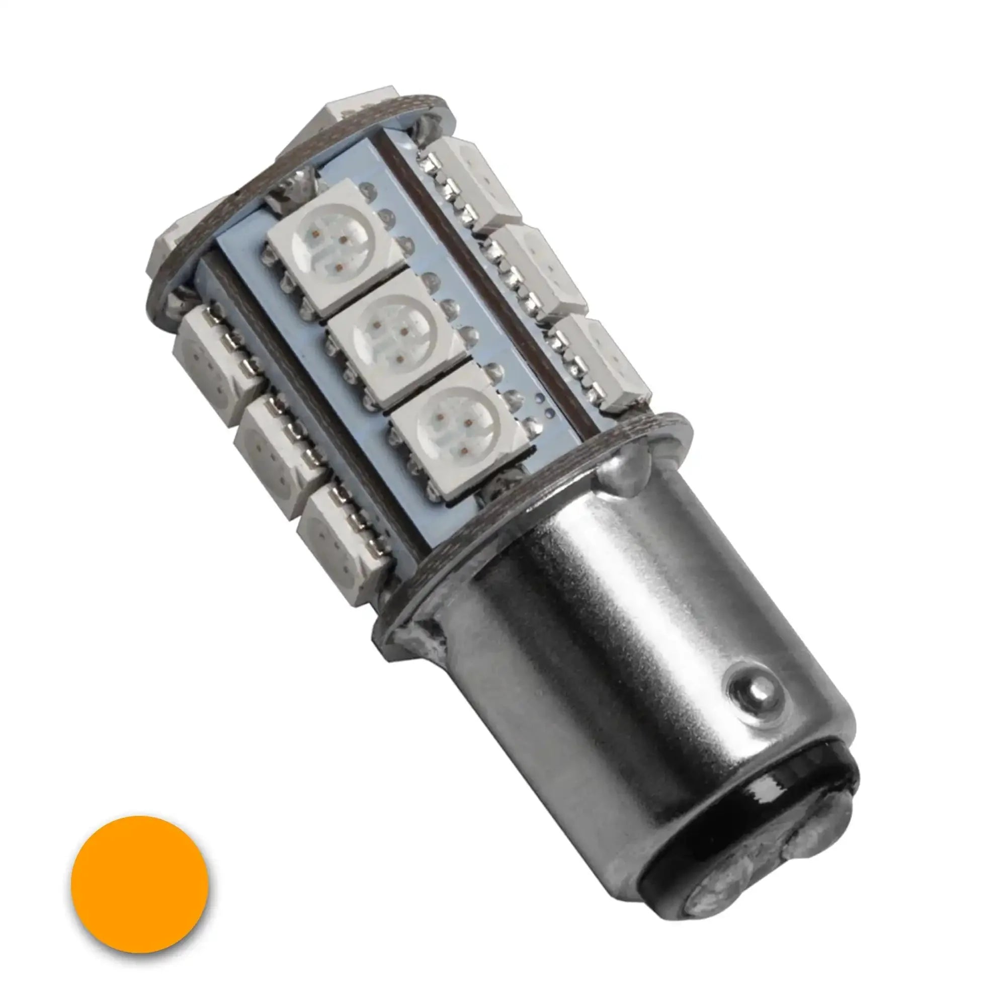 Amber automotive LED bulb with multiple LEDs, ideal for off-road or truck lighting upgrades