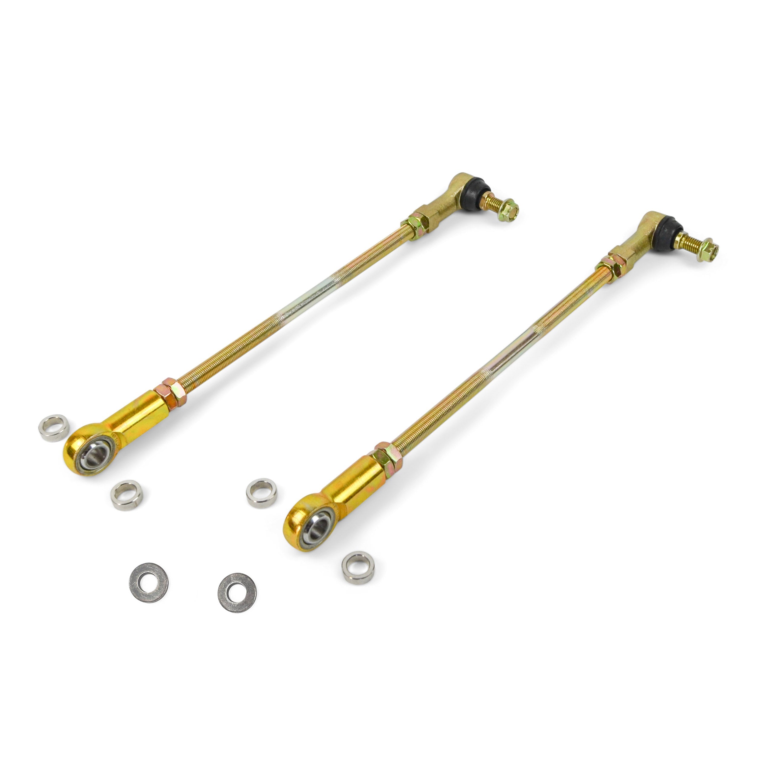 Adjustable steel sway bar end links for off-road vehicles, shown with washers on white background