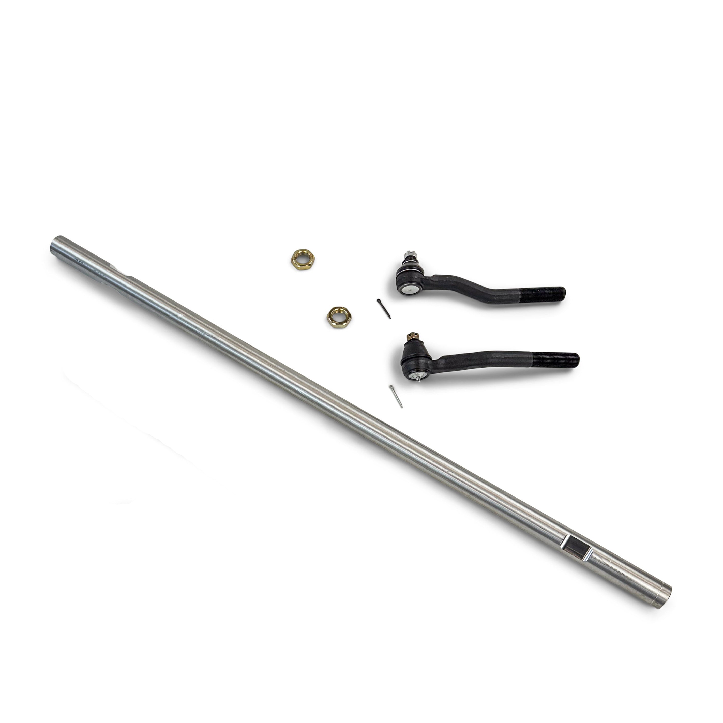 Heavy-duty tie rod kit with steel rod, tie rod ends, and nuts for off-road vehicles