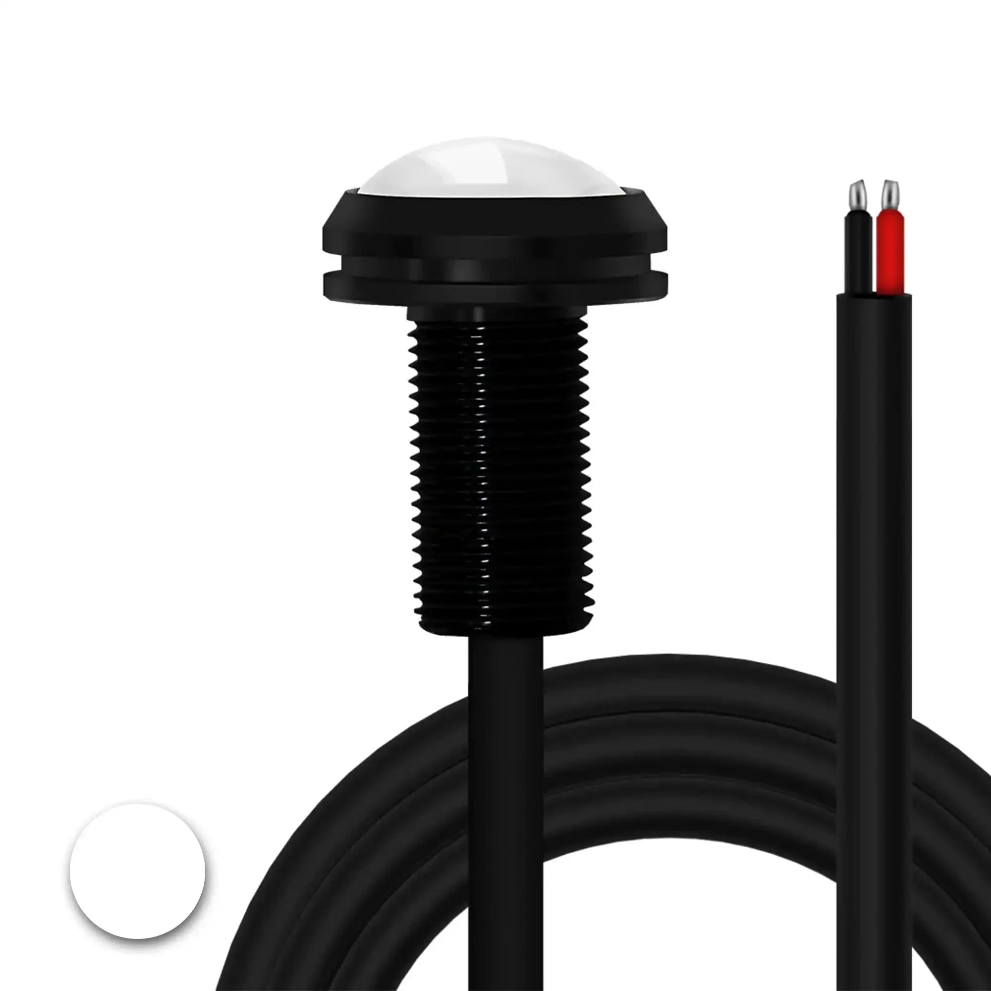 Round white LED rock light with black housing and attached wiring for off-road vehicles
