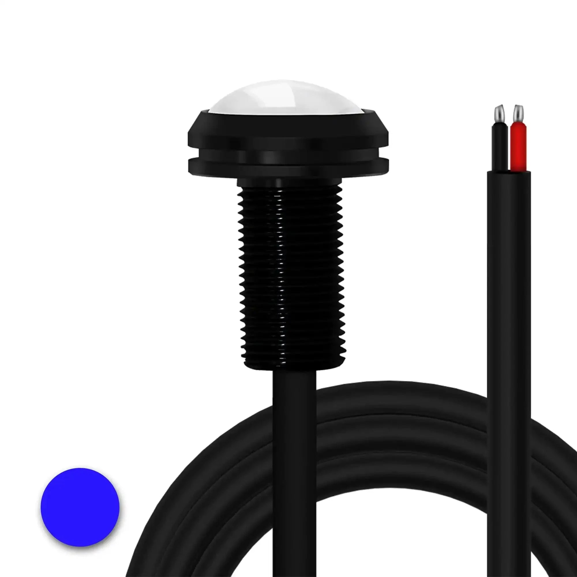 Blue rock light with black housing and wiring for off-road vehicle, overlanding accessory