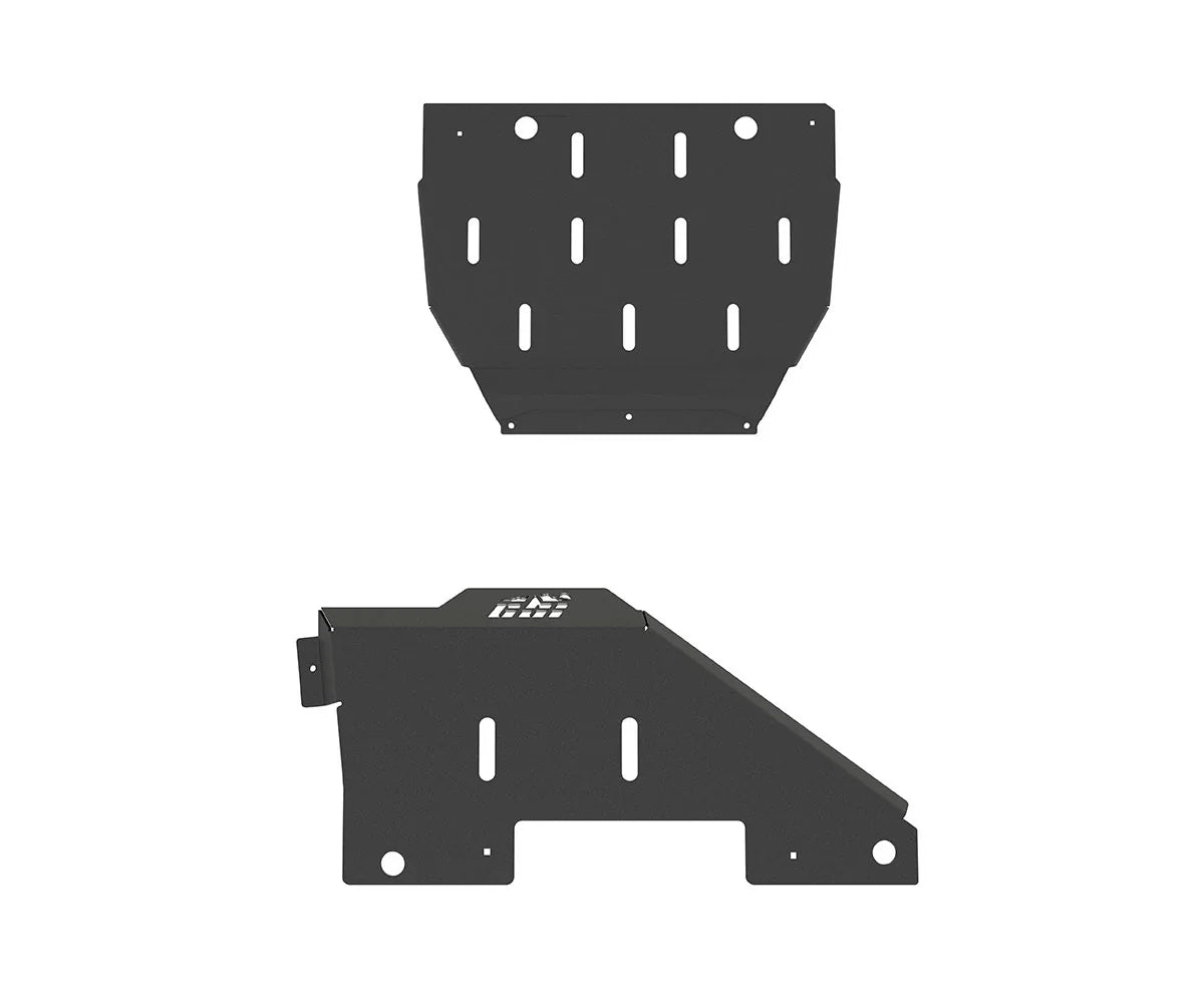 Heavy-duty rear skid plate for off-road vehicle protection, two views, black steel.