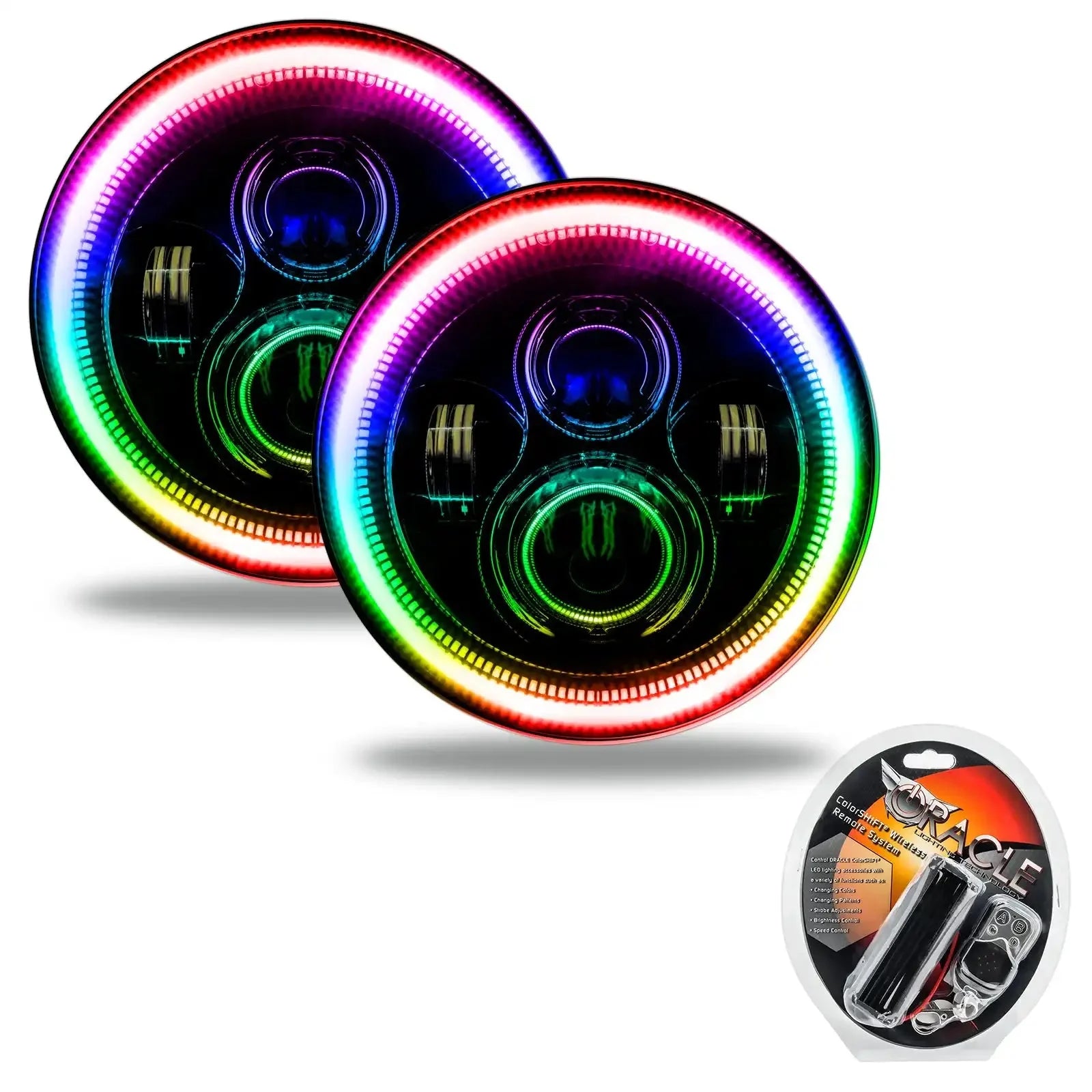 Pair of LED halo RGB headlights with remote, ideal for off-road and overlanding vehicles.
