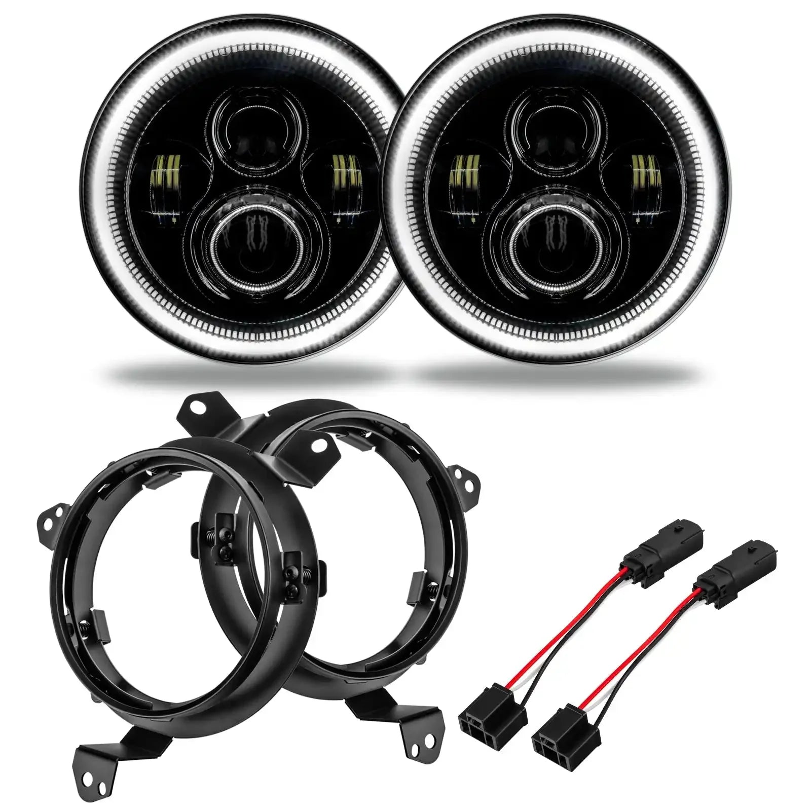 Pair of round LED headlights with mounting brackets and wiring for off-road vehicles