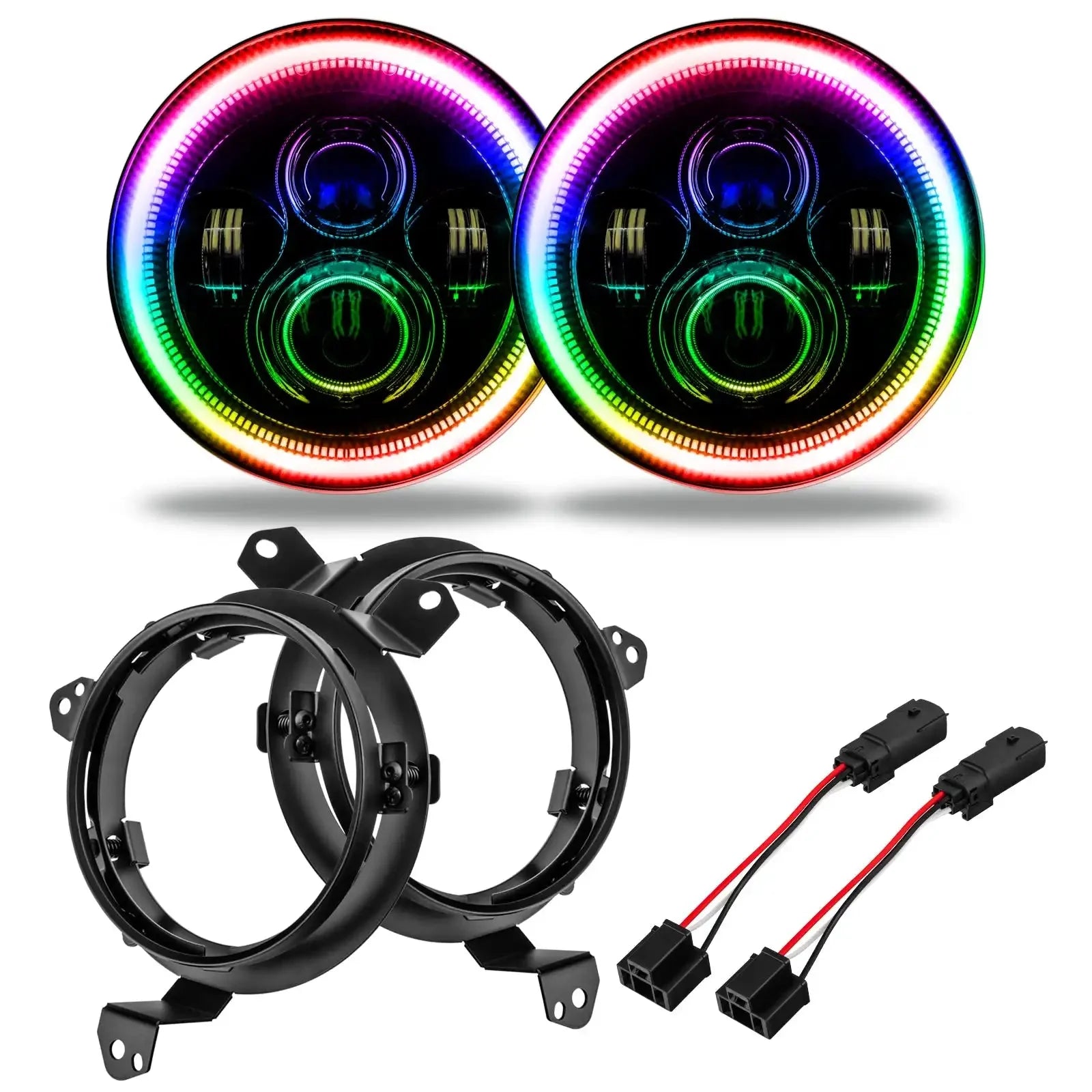 Pair of round RGB LED headlights with mounting brackets and wiring harness for off-road vehicles