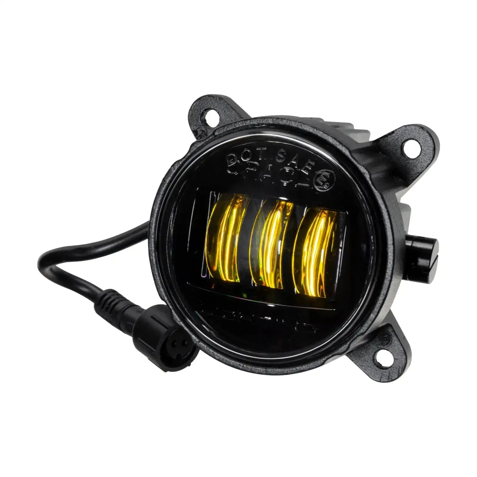 Round amber LED fog light with black housing and wiring harness for off-road vehicles