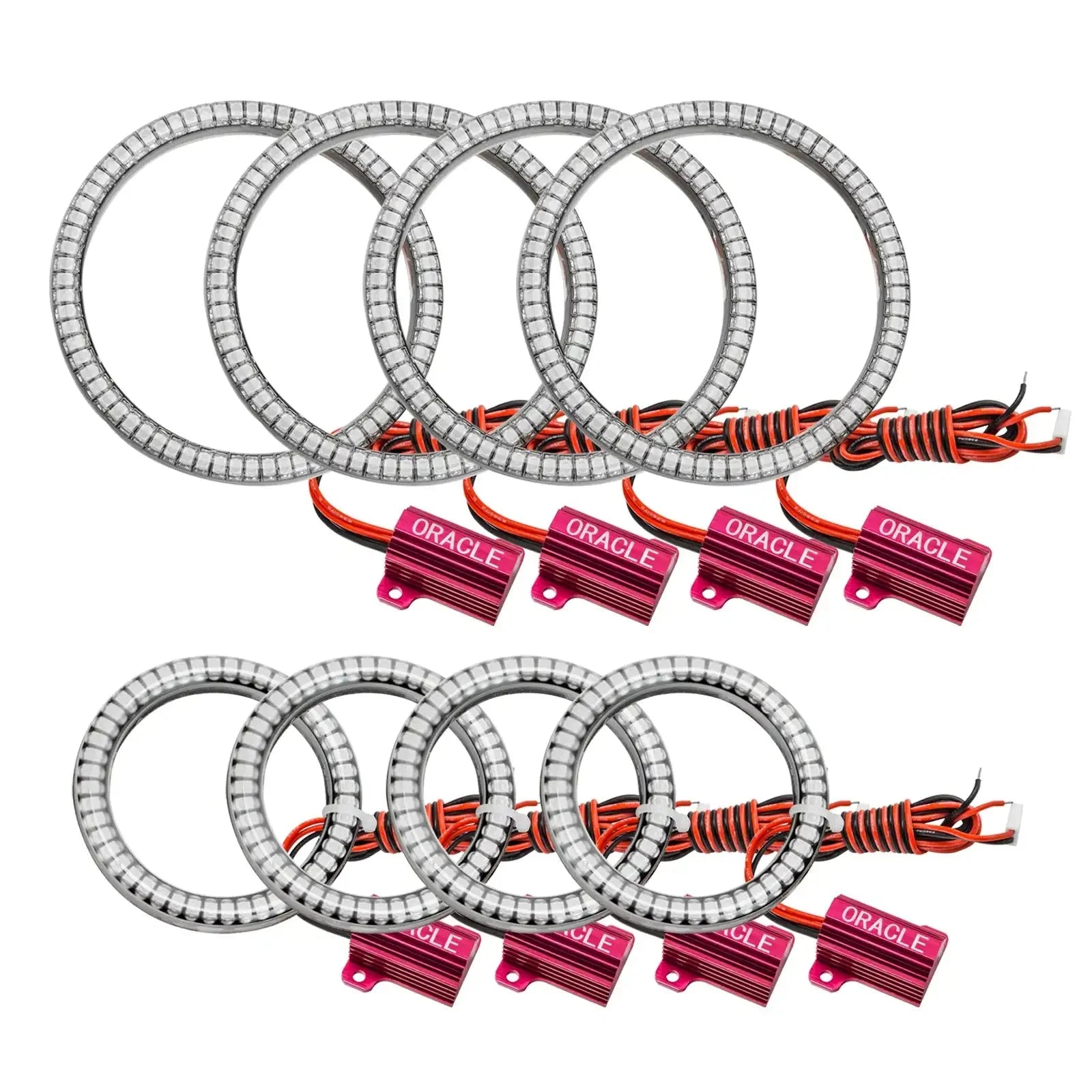 LED halo headlight ring kit with wiring and pink modules for off-road vehicles